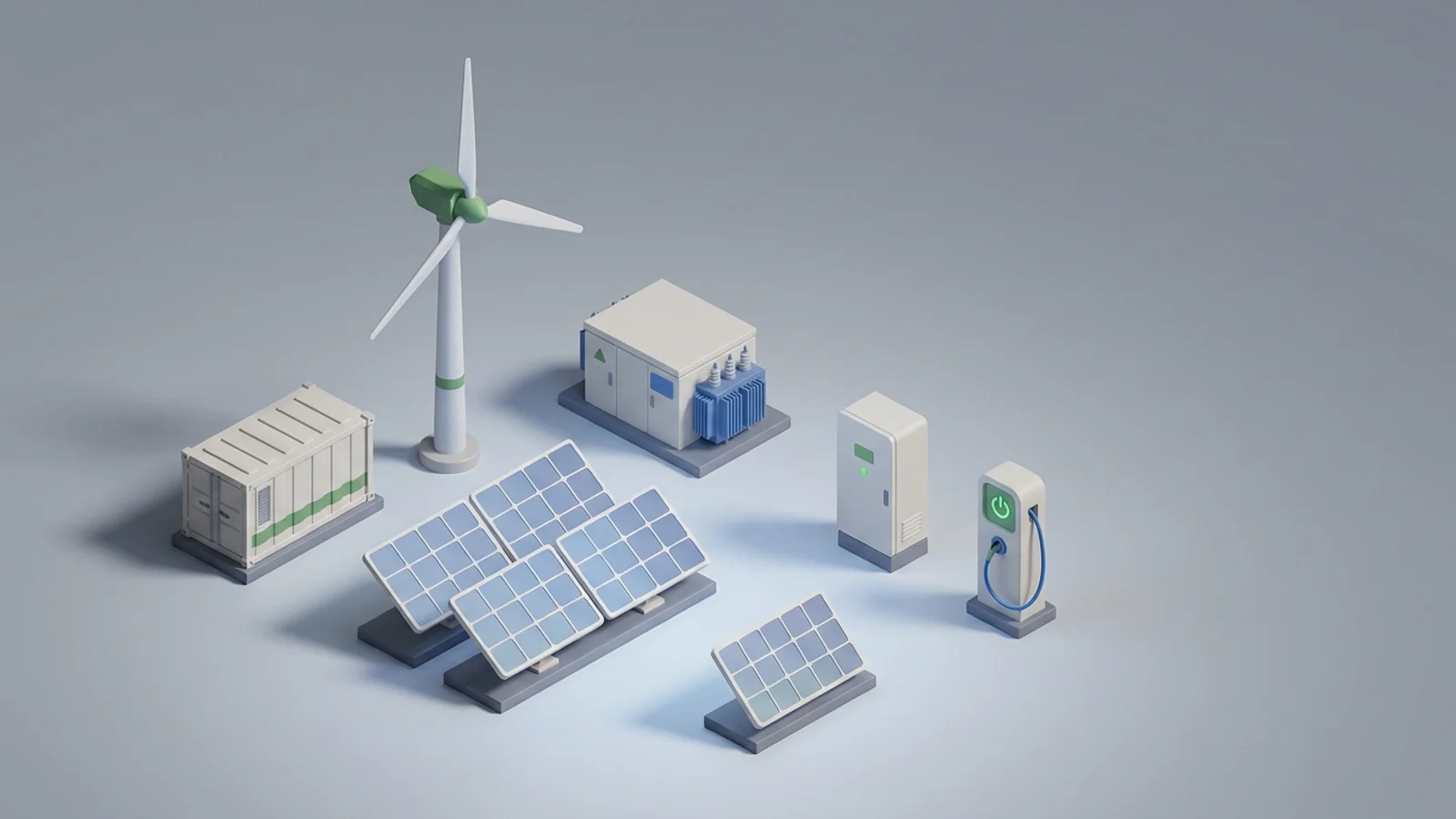 Isometric 3D illustration of solar array and wind turbine with battery container and substation