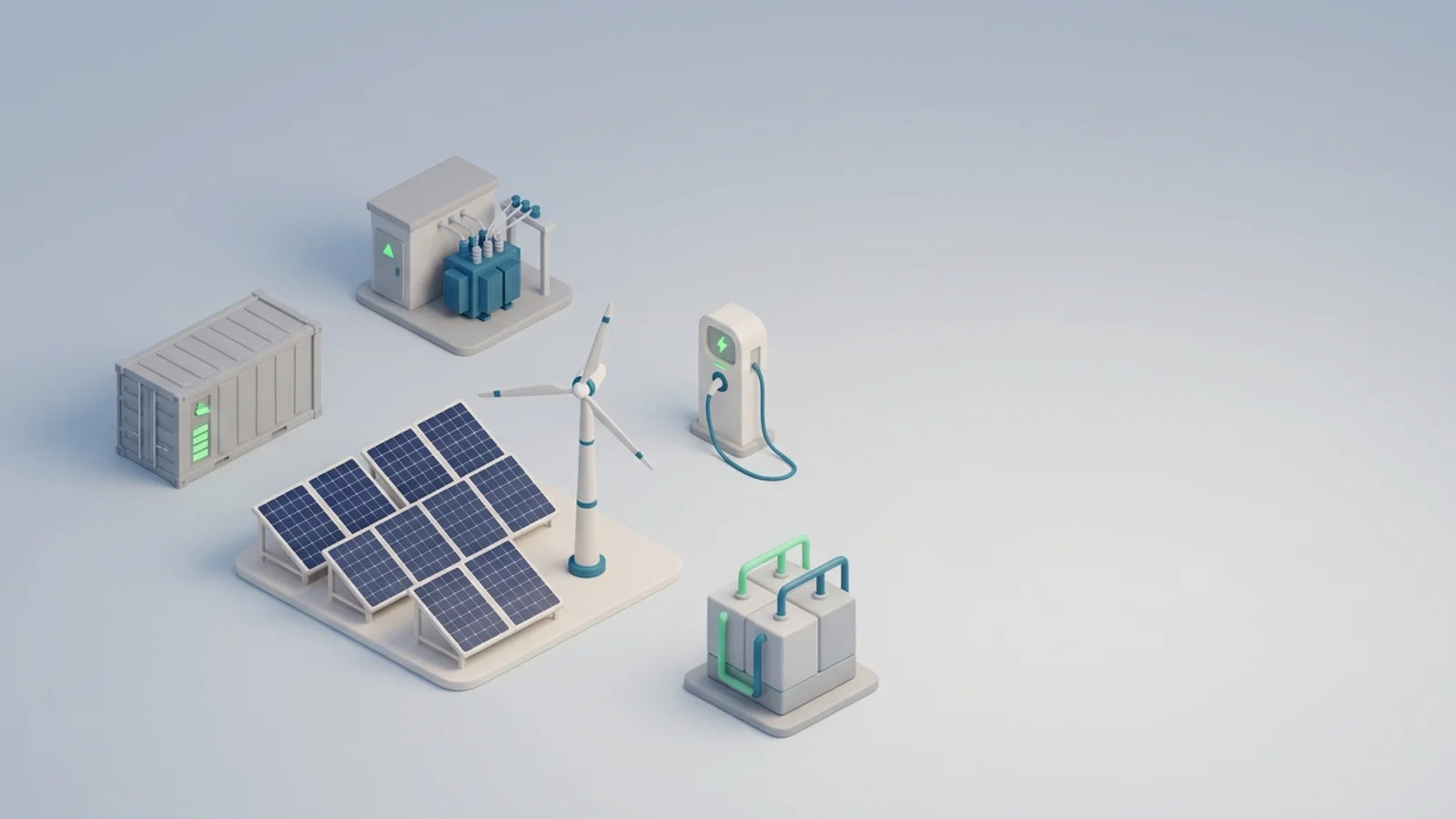 Isometric 3D illustration of solar array and wind turbine with battery container and substation