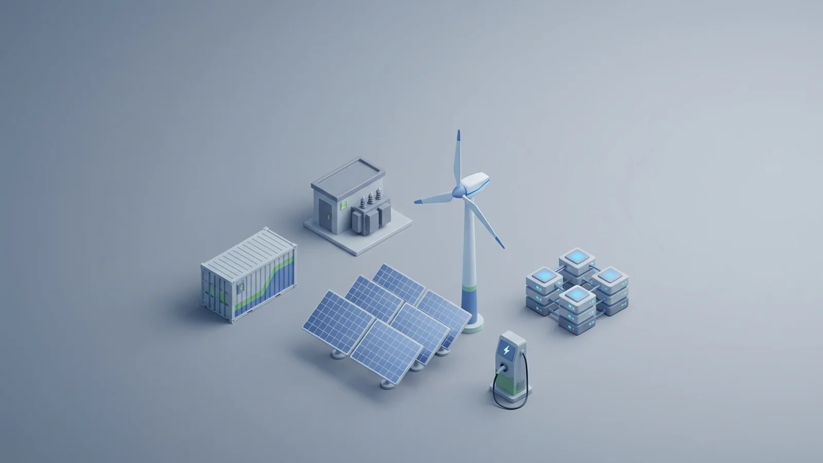 Isometric 3D illustration of solar array and wind turbine with battery container and substation