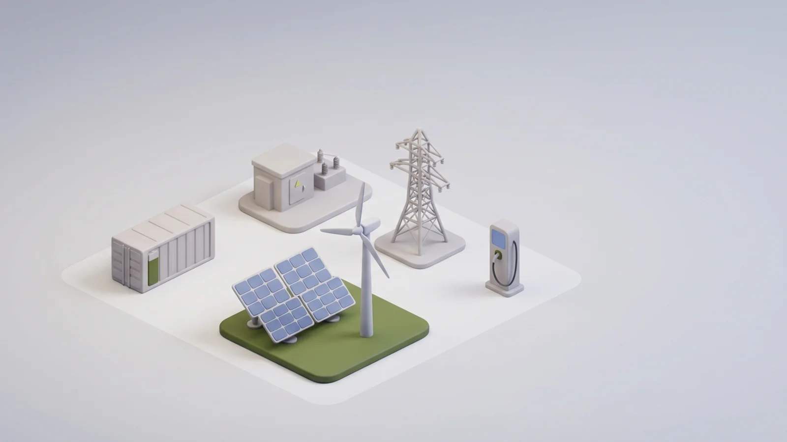 Isometric 3D illustration of solar array and wind turbine with battery container and substation