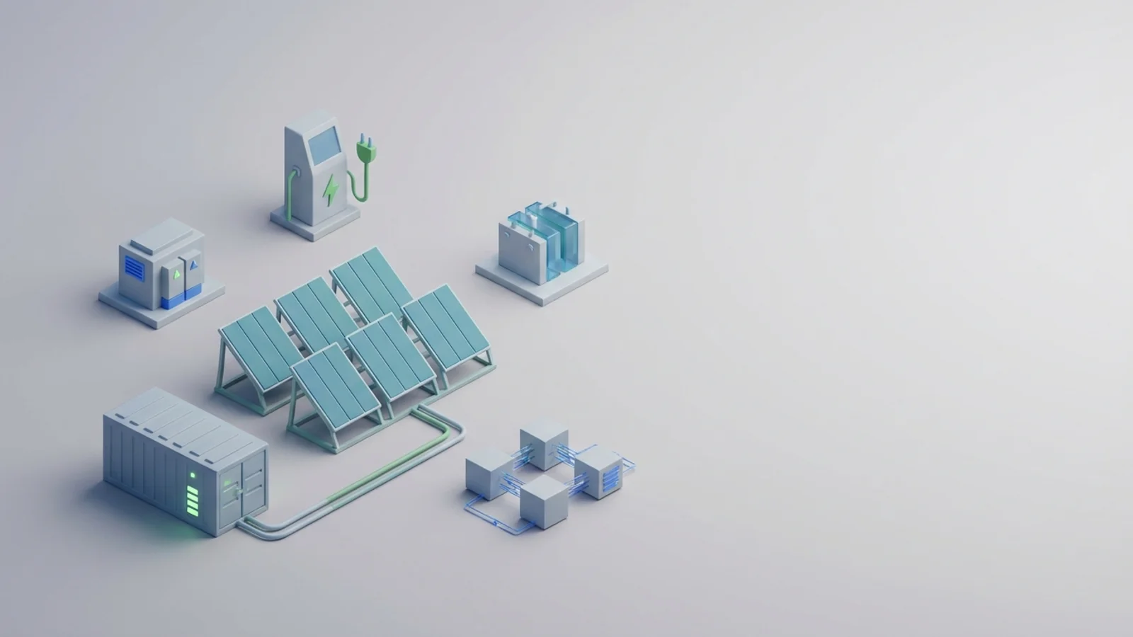 Isometric 3D illustration of solar array and battery container with substation and EV charger station