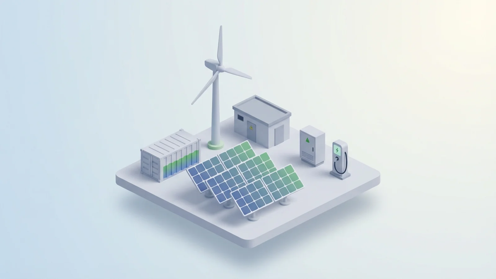 Isometric 3D illustration of solar array and wind turbine with battery container and substation