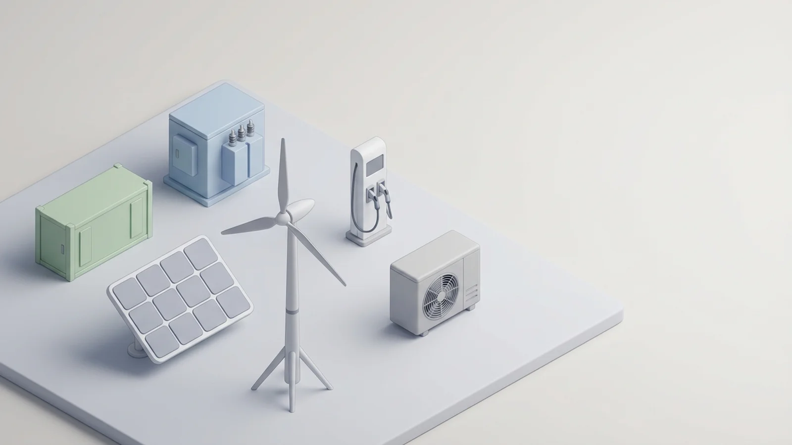 Isometric 3D illustration of solar array and wind turbine with battery container and substation