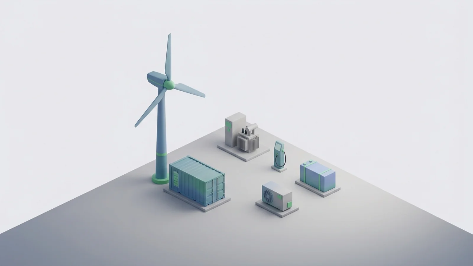 Isometric 3D illustration of wind turbine and battery container with substation and EV charger station