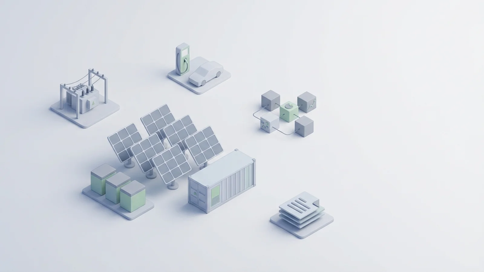 Isometric 3D illustration of solar array and battery container with substation and EV charger station