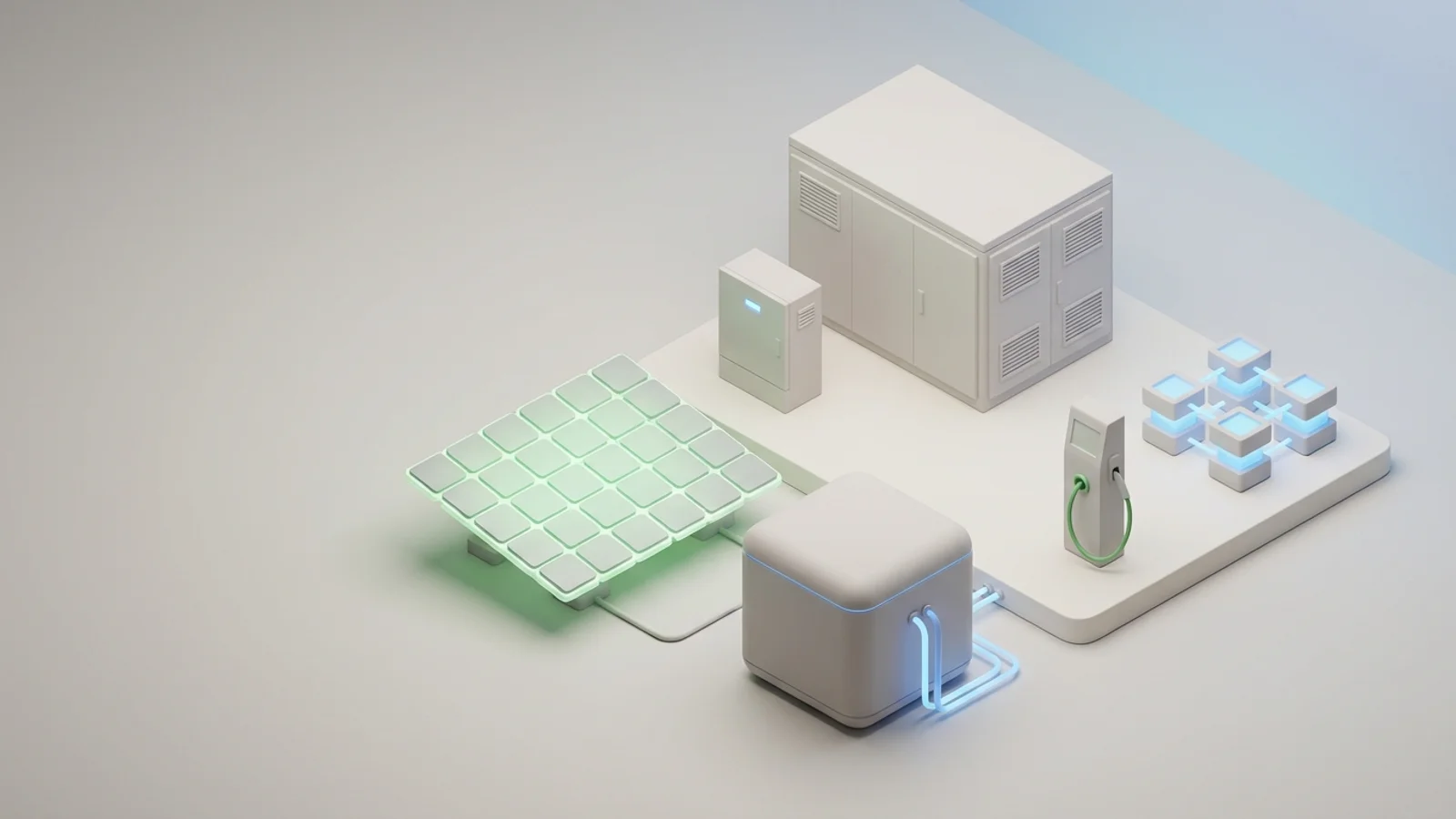 Isometric 3D illustration of solar array and battery container with substation and inverter cabinet