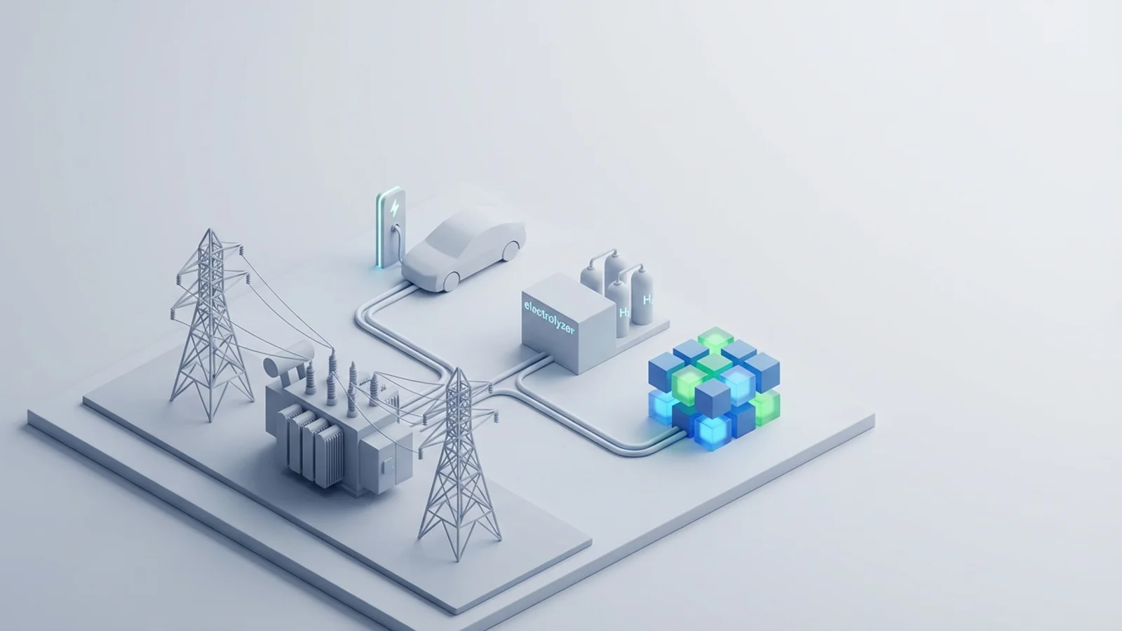 Isometric 3D illustration of substation and EV charger station with electrolyzer block and analytics node cluster