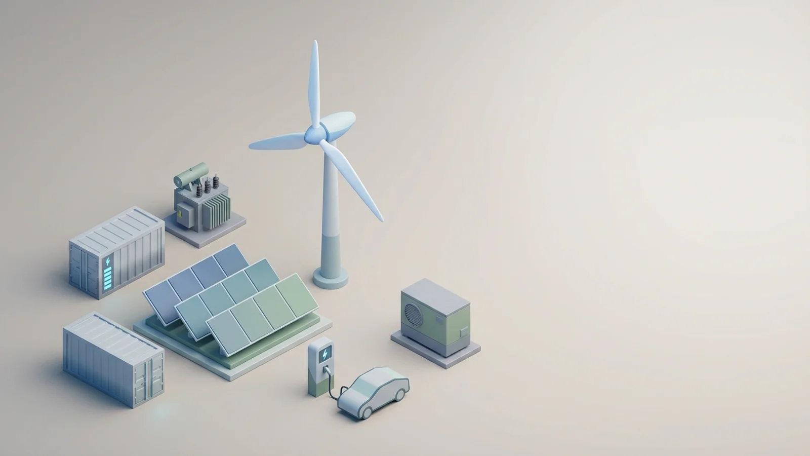 Isometric 3D illustration of solar array and wind turbine with battery container and substation