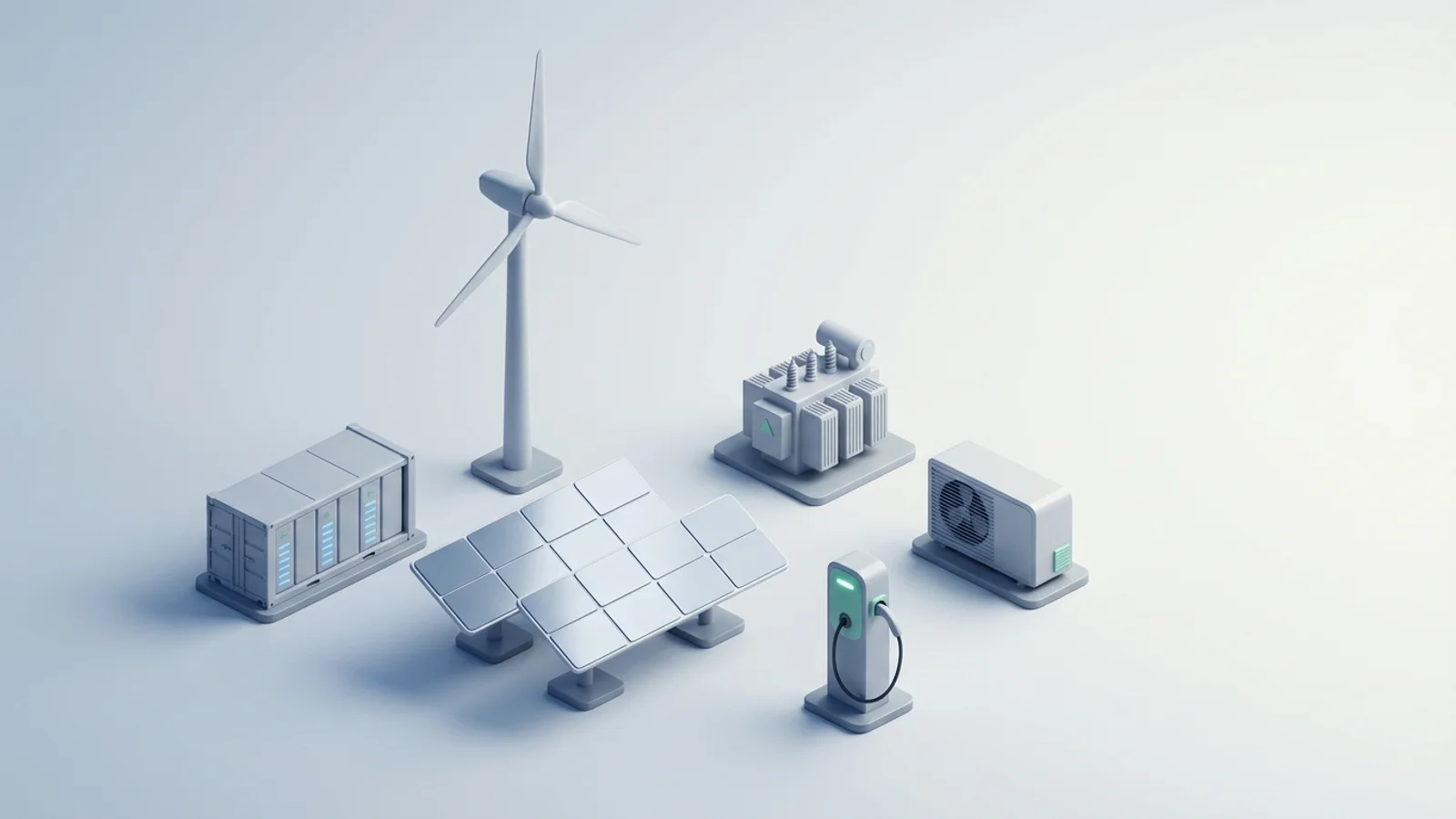Isometric 3D illustration of solar array and wind turbine with battery container and substation