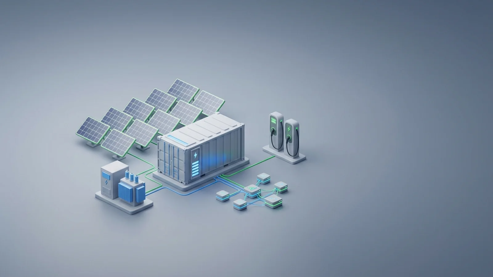 Isometric 3D illustration of solar array and battery container with substation and EV charger station