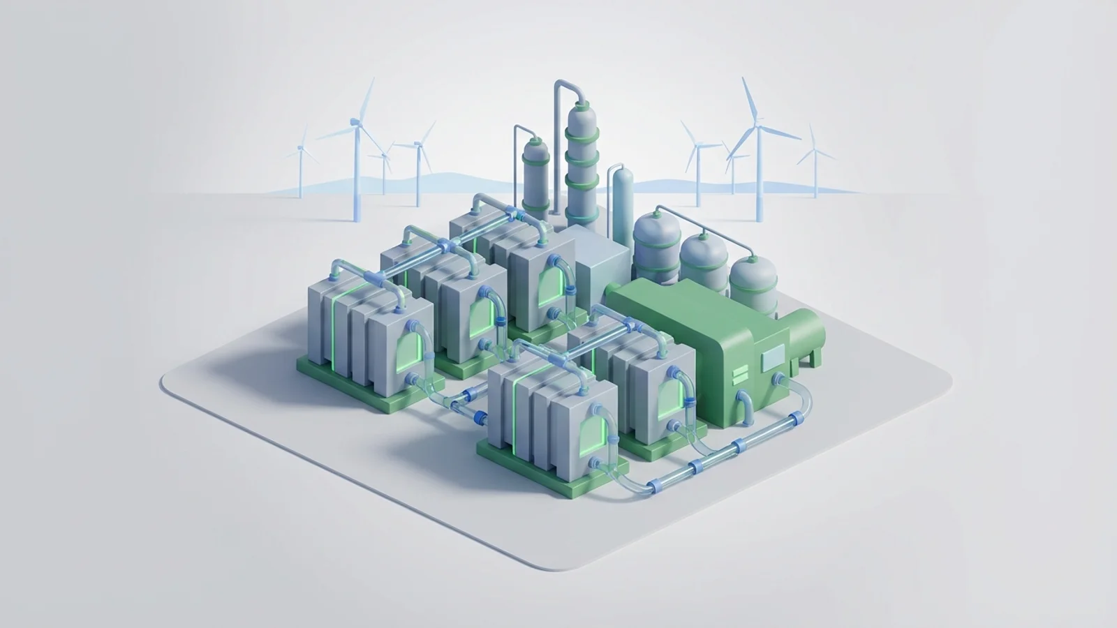 Isometric 3D illustration of A large, modern green hydrogen production facility featuring massive electrolyzer stacks and intricate piping, set against a backdrop of industrial infrastructure and distant wind turbines.