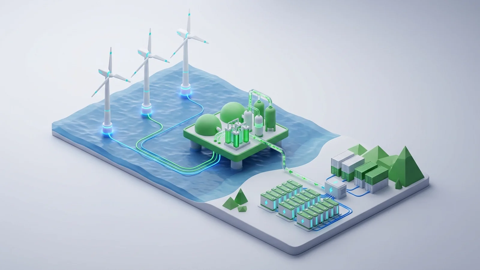 Isometric 3D illustration of An isometric scene depicting a large offshore wind farm with turbines towering over the sea, connected by subsea cables to a green hydrogen production platform, while a substantial grid-scale battery storage facility sits on the coastline, representing integrated renewable energy infrastructure.