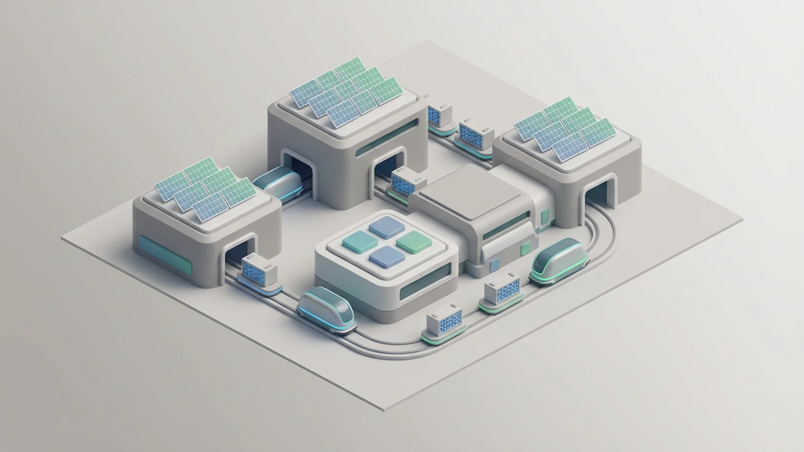 Isometric 3D illustration of A sprawling, futuristic Gigafactory manufacturing solid-state batteries, with automated vehicles moving components and solar panels on its roof.