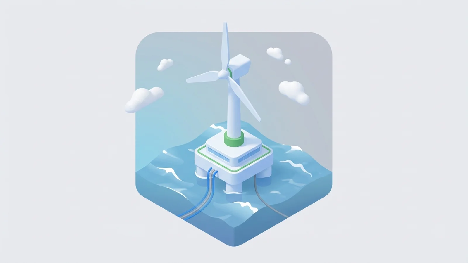 Isometric 3D illustration of A large, multi-story floating offshore wind turbine platform anchored in choppy blue ocean waters under a partly cloudy sky.