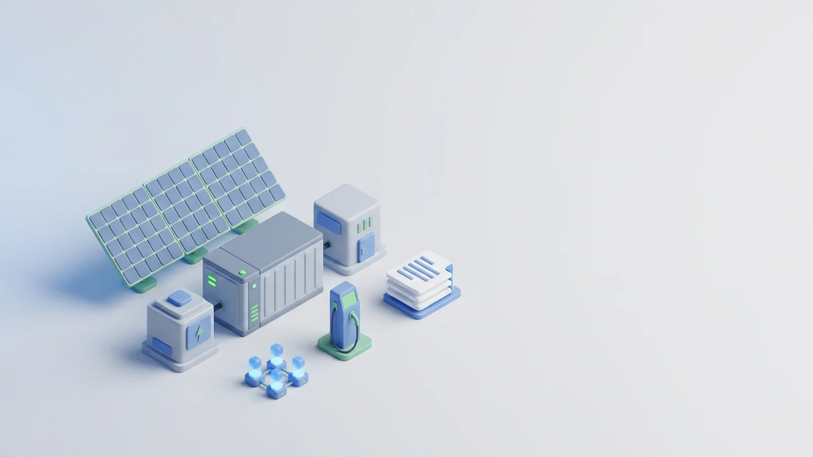 Isometric 3D illustration of solar array and battery container with substation and EV charger station