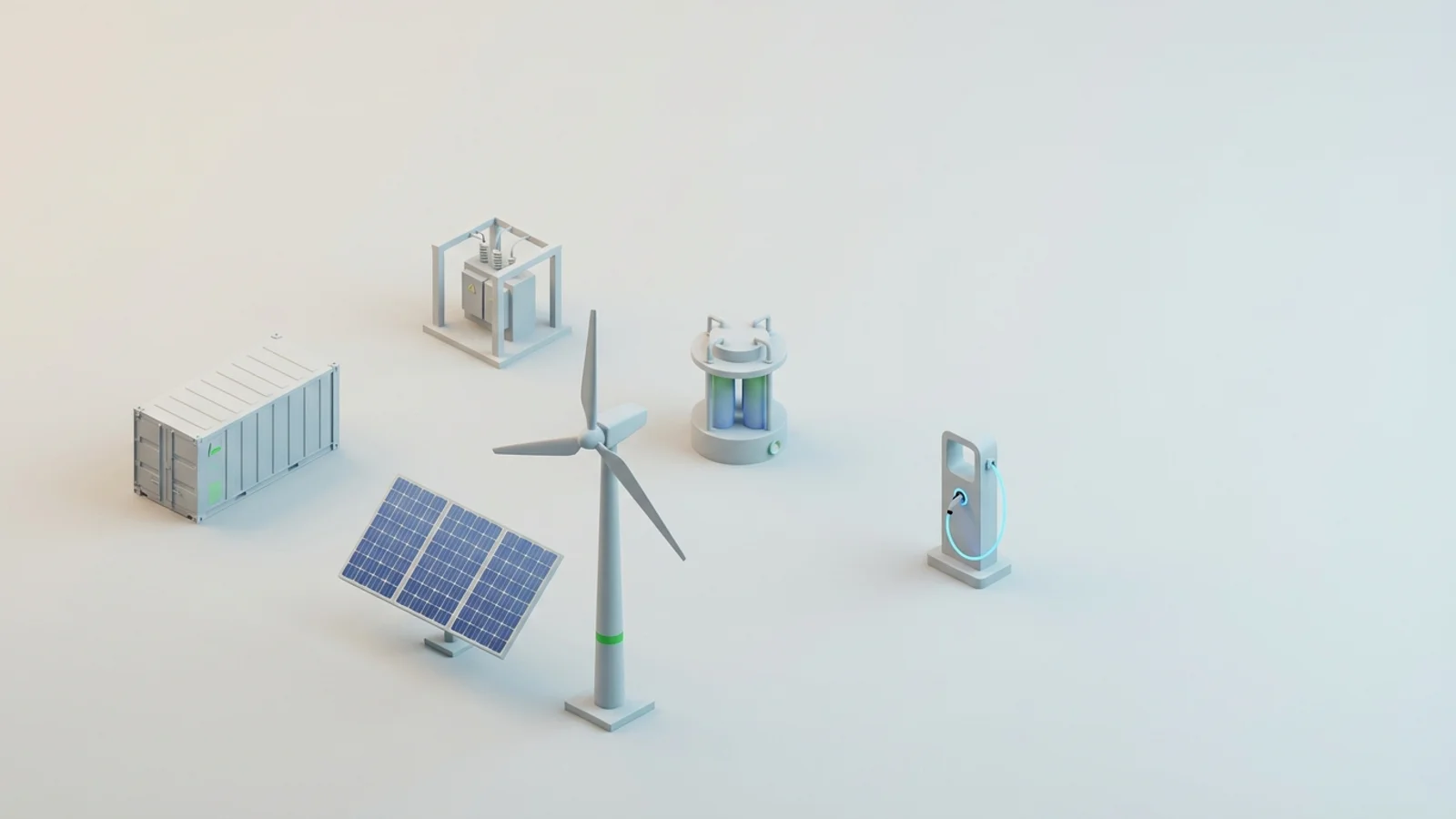 Isometric 3D illustration of solar array and wind turbine with battery container and substation