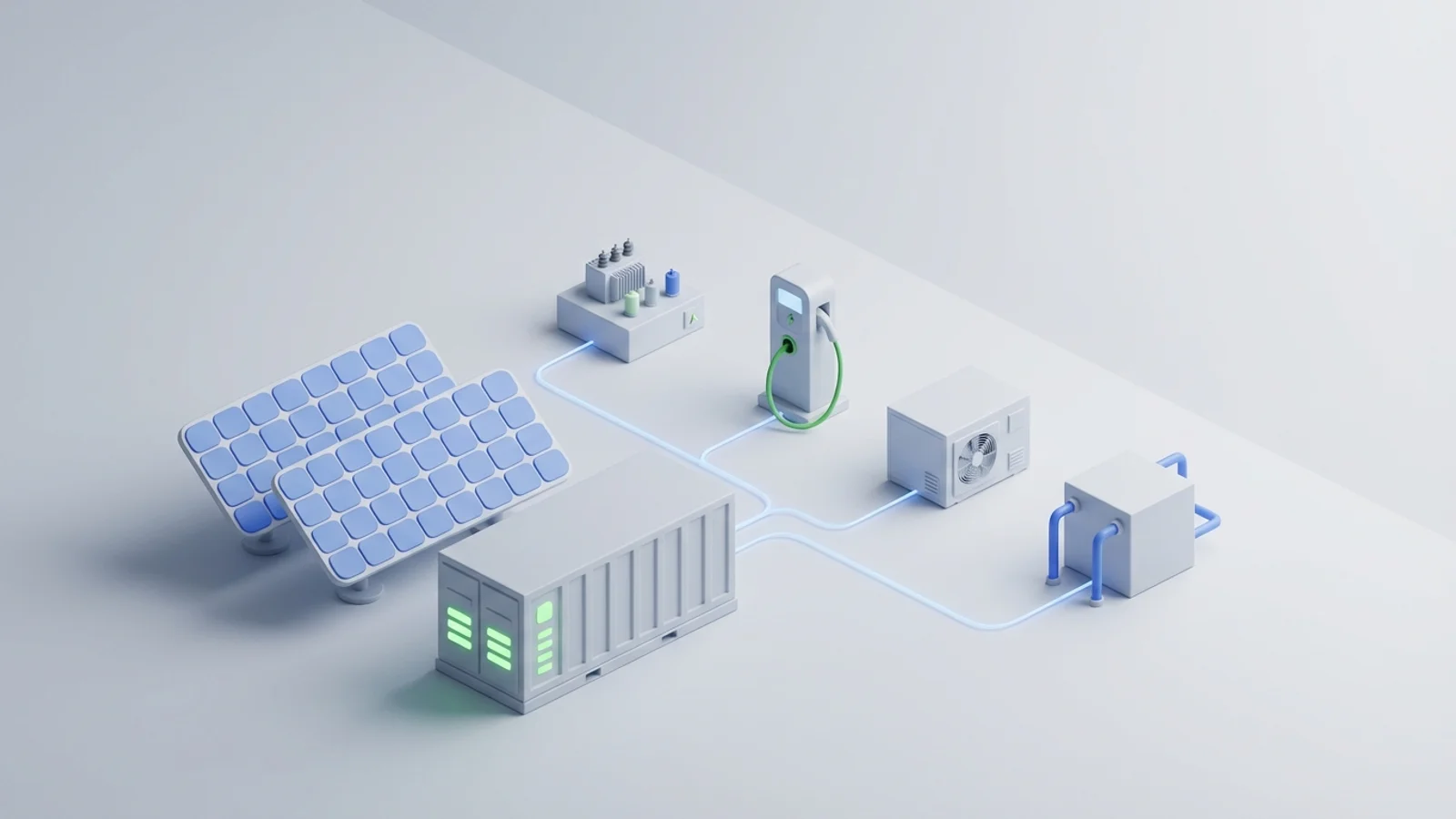 Isometric 3D illustration of solar array and battery container with substation and EV charger station