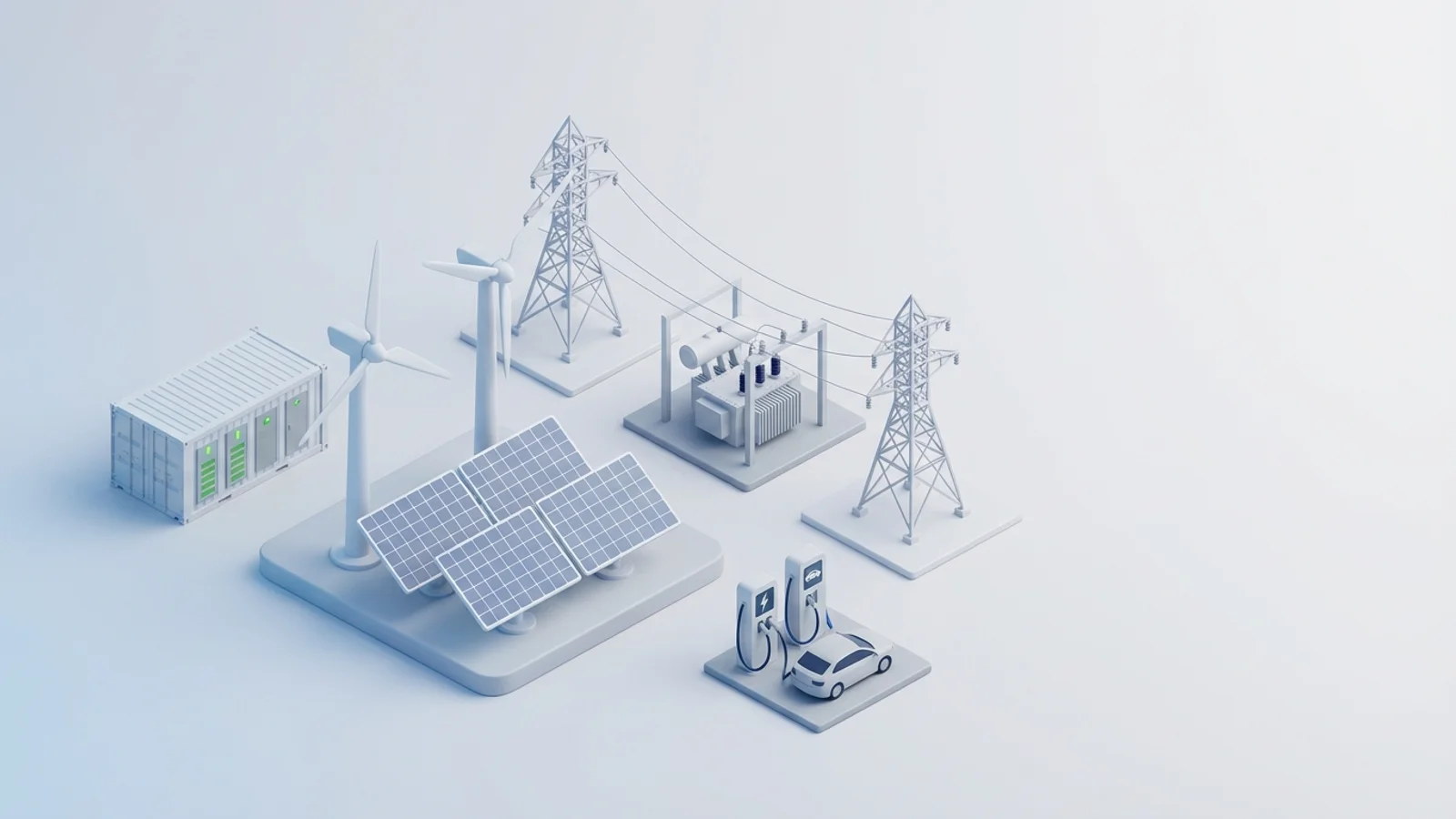 Isometric 3D illustration of solar array and wind turbine with battery container and substation