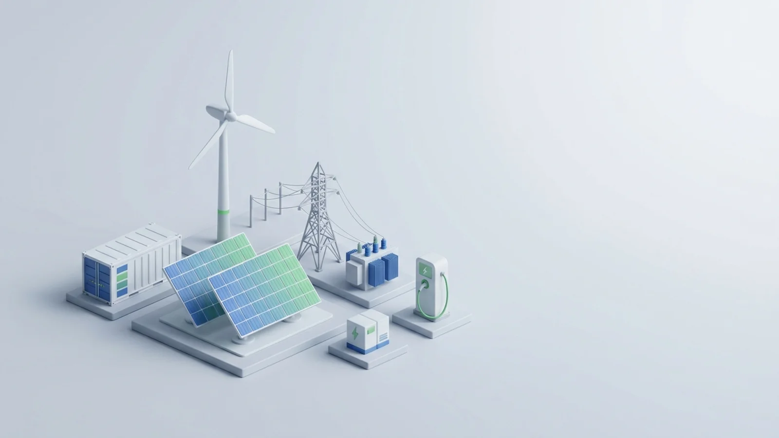 Isometric 3D illustration of solar array and wind turbine with battery container and transmission tower