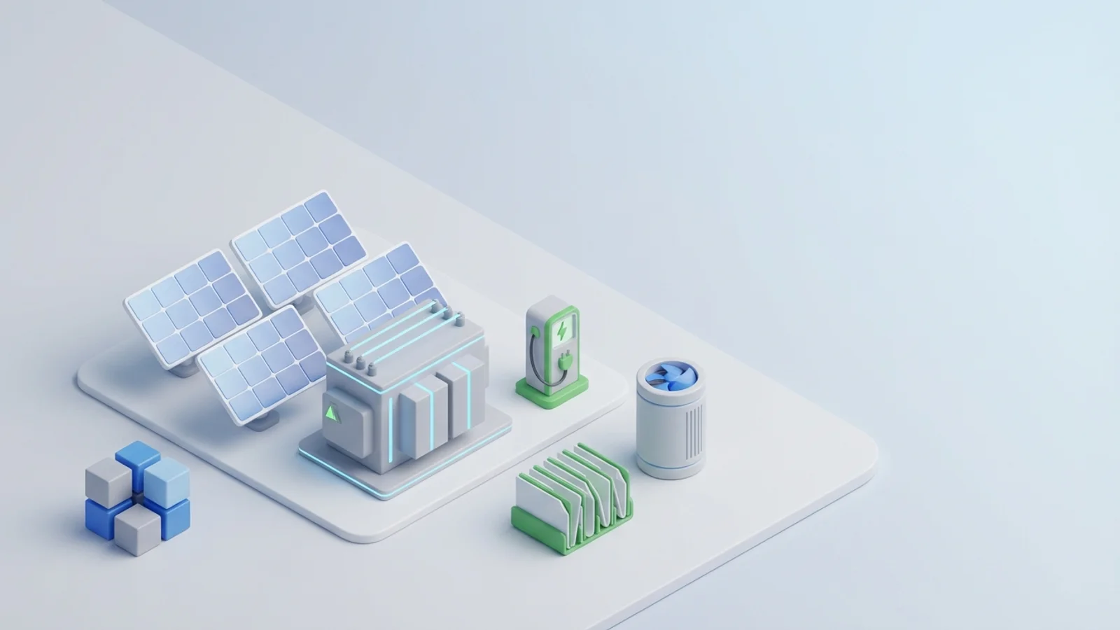 Isometric 3D illustration of solar array and substation with EV charger station and heat pump unit