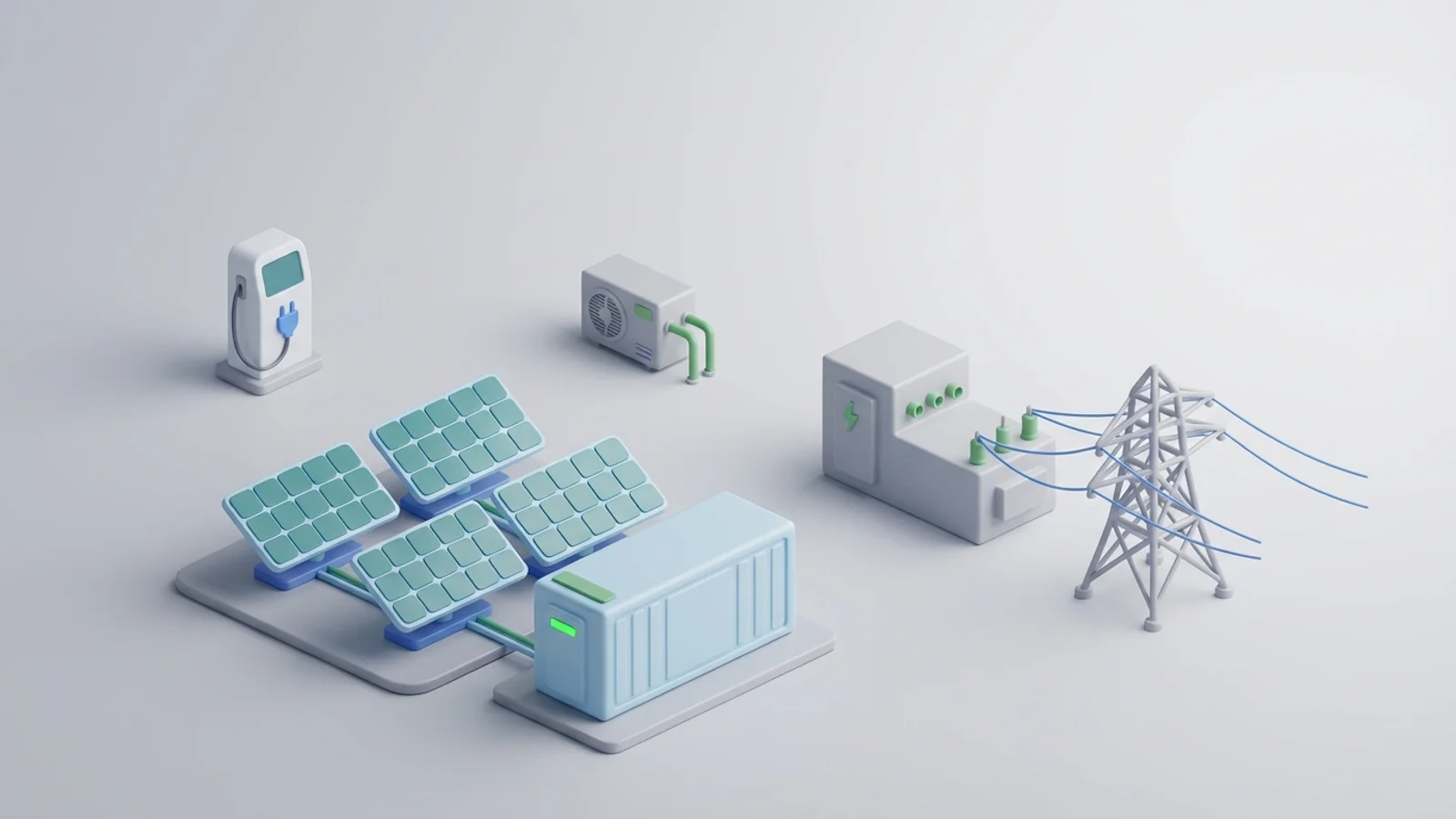 Isometric 3D illustration of solar array and battery container with substation and transmission tower