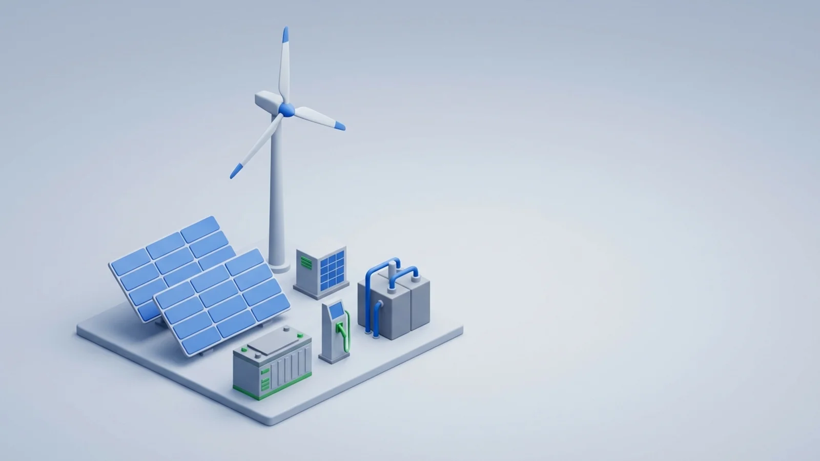 Isometric 3D illustration of solar array and wind turbine with battery container and substation