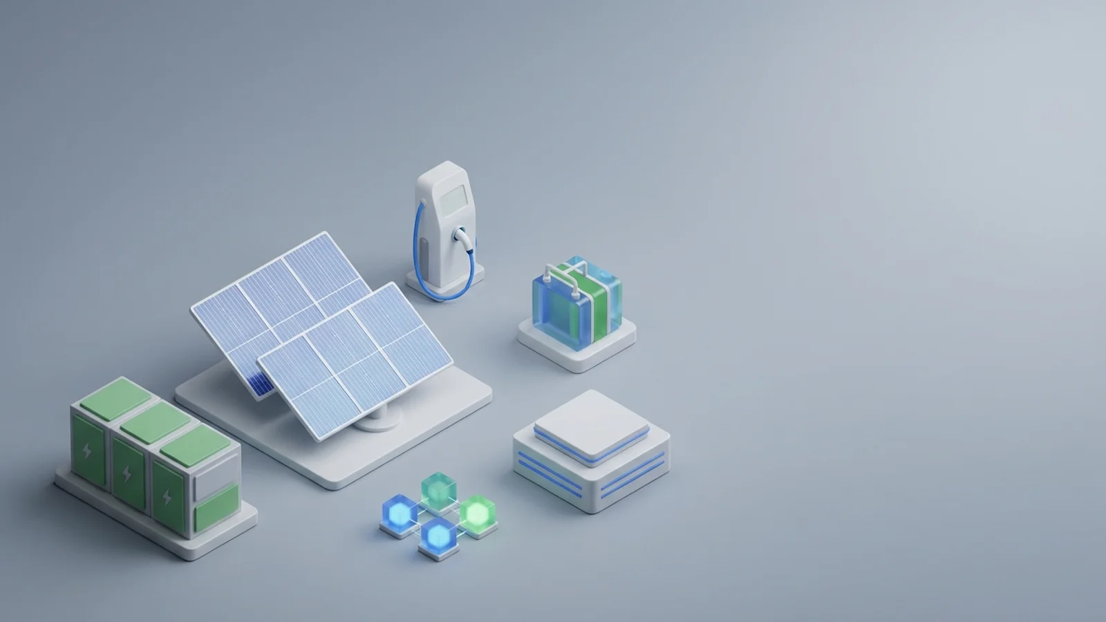 Isometric 3D illustration of solar array and battery container with EV charger station and electrolyzer block