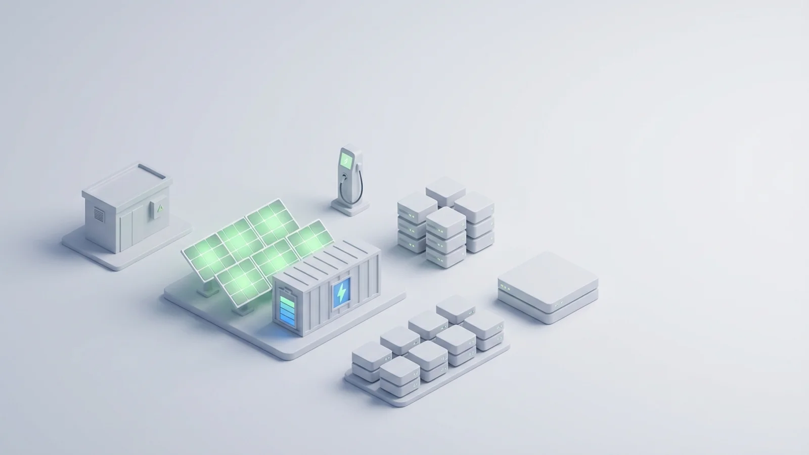Isometric 3D illustration of solar array and battery container with substation and EV charger station