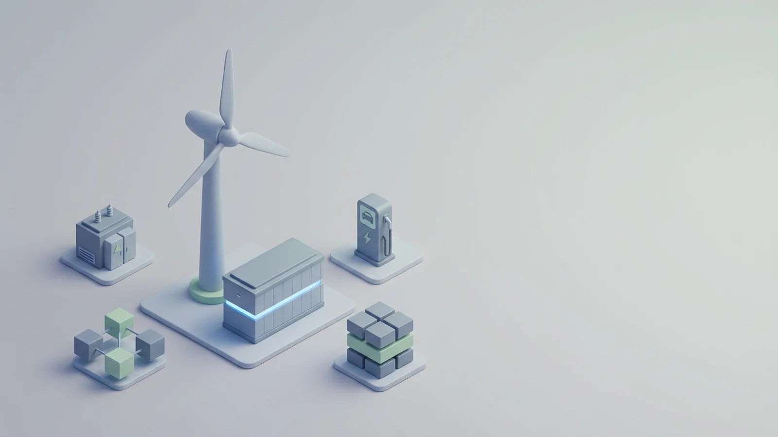 Isometric 3D illustration of wind turbine and battery container with substation and EV charger station