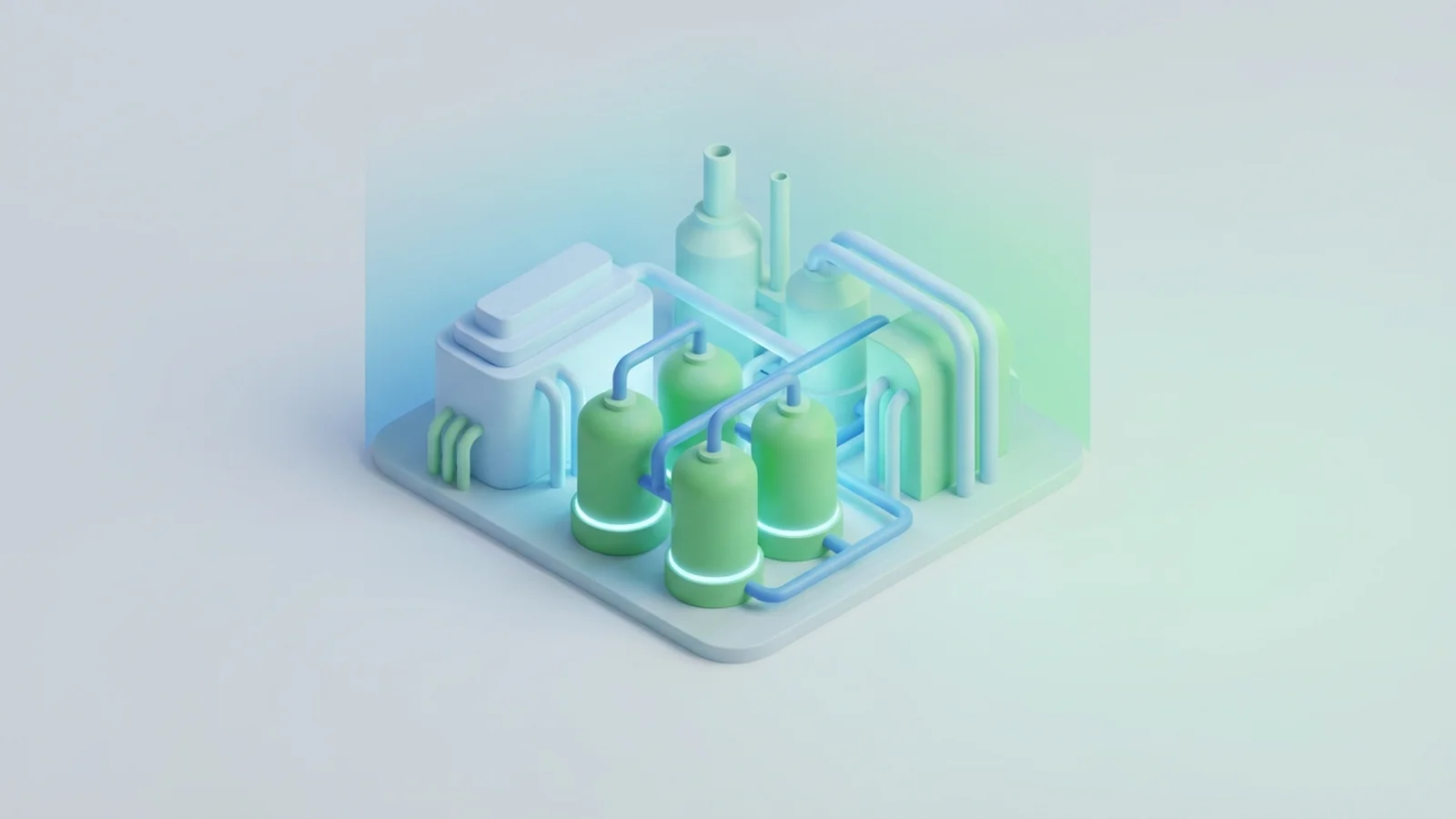 Isometric 3D illustration of A massive, futuristic green hydrogen production facility with large electrolyzer tanks and industrial pipelines, glowing faintly under a twilight sky.