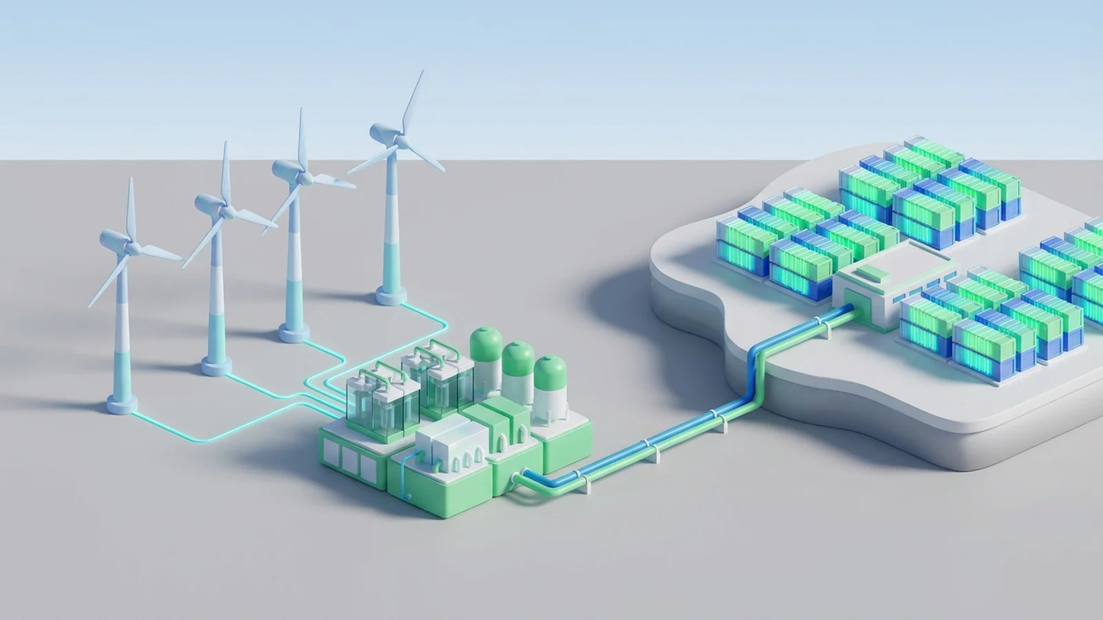 Isometric 3D illustration of An offshore wind farm with a green hydrogen production platform nearby, connected to a sprawling grid-scale battery storage facility on the coast, all under a clear sky in an isometric view.