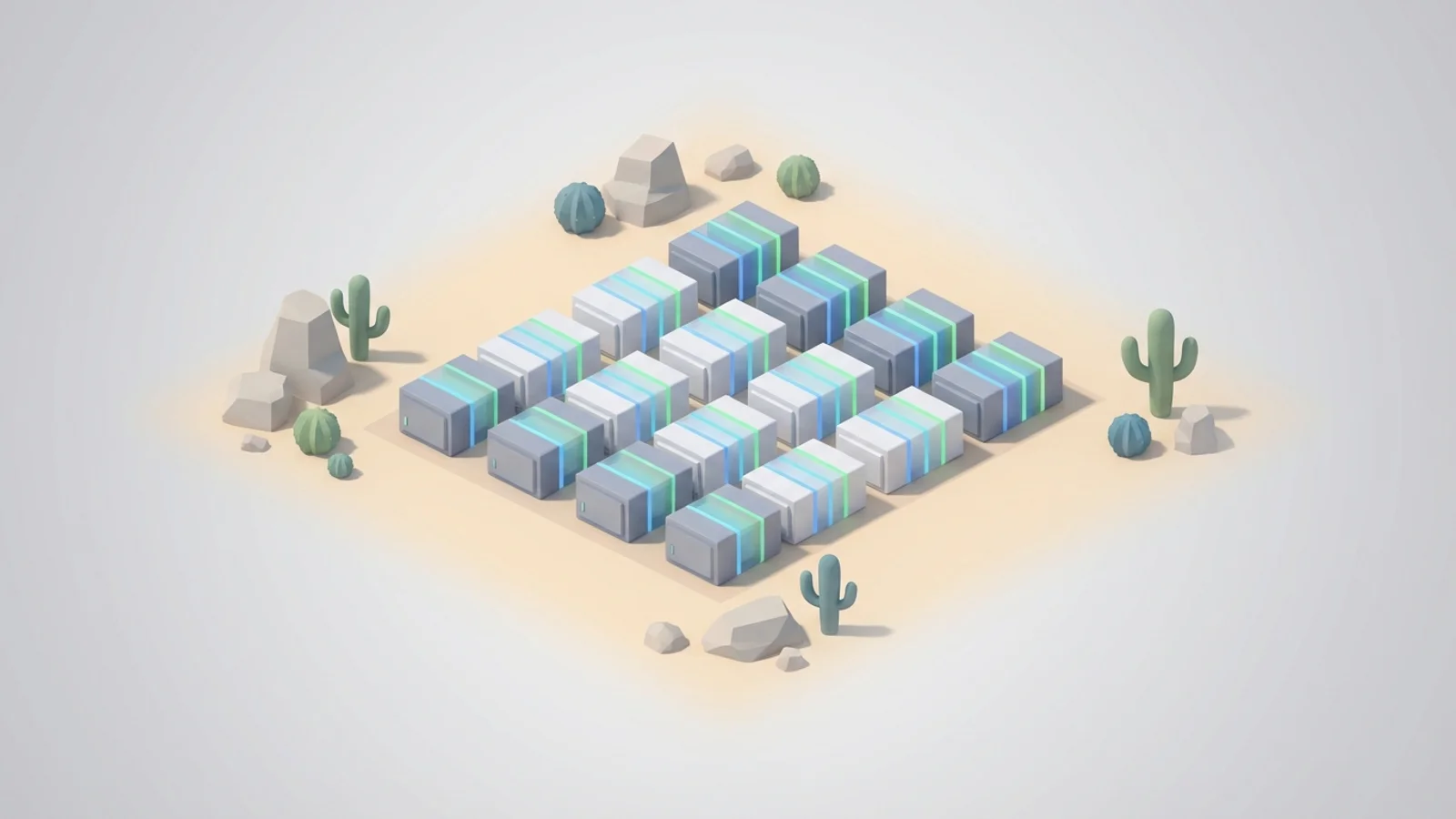 Isometric 3D illustration of An expansive grid-scale flow battery storage facility with rows of modular units in a desert landscape.