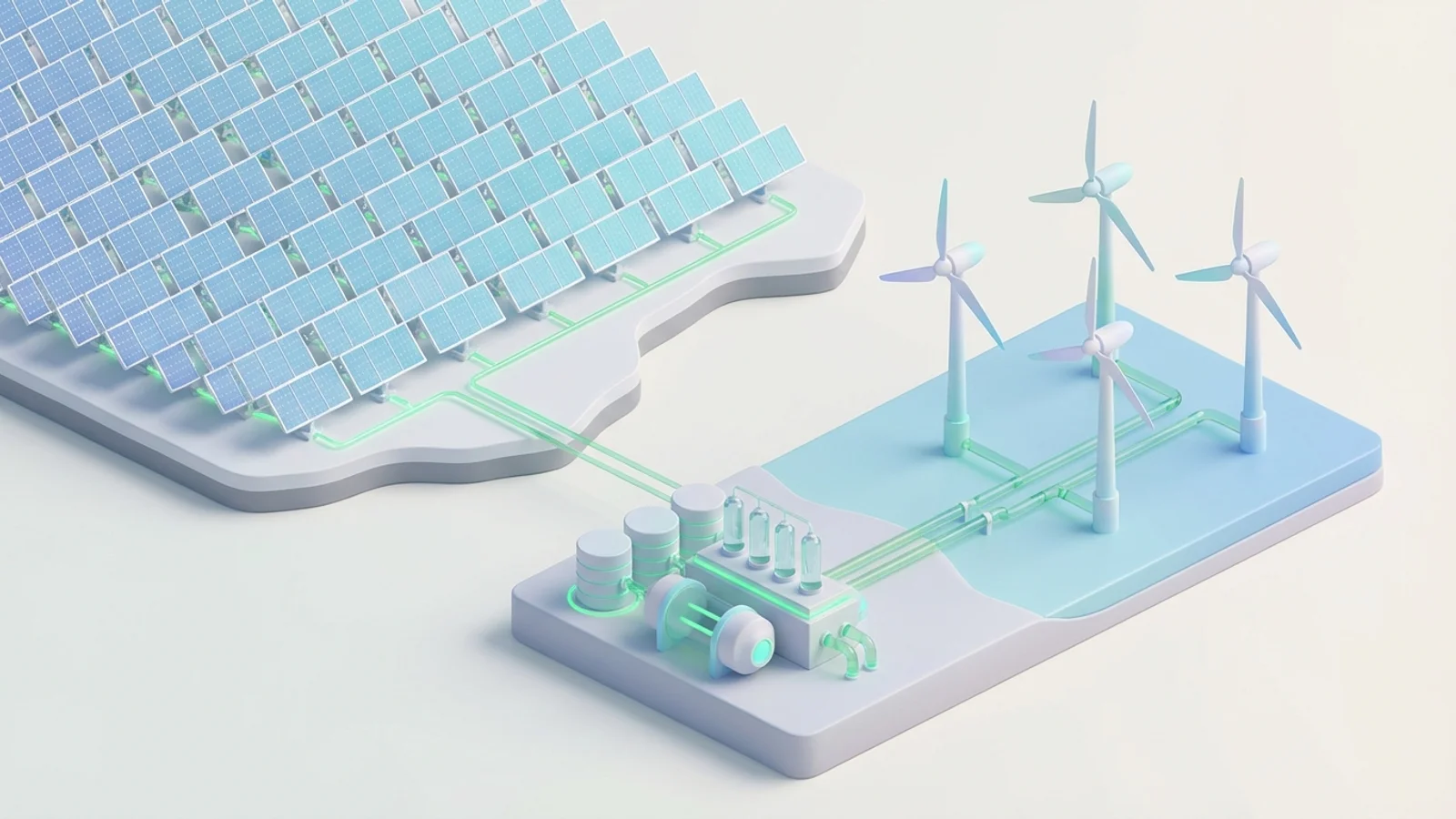 Isometric 3D illustration of An isometric scene featuring a vast solar farm stretching into the distance, with towering offshore wind turbines in a calm blue sea nearby, connected by pipelines to a modular green hydrogen production facility on the coast.
