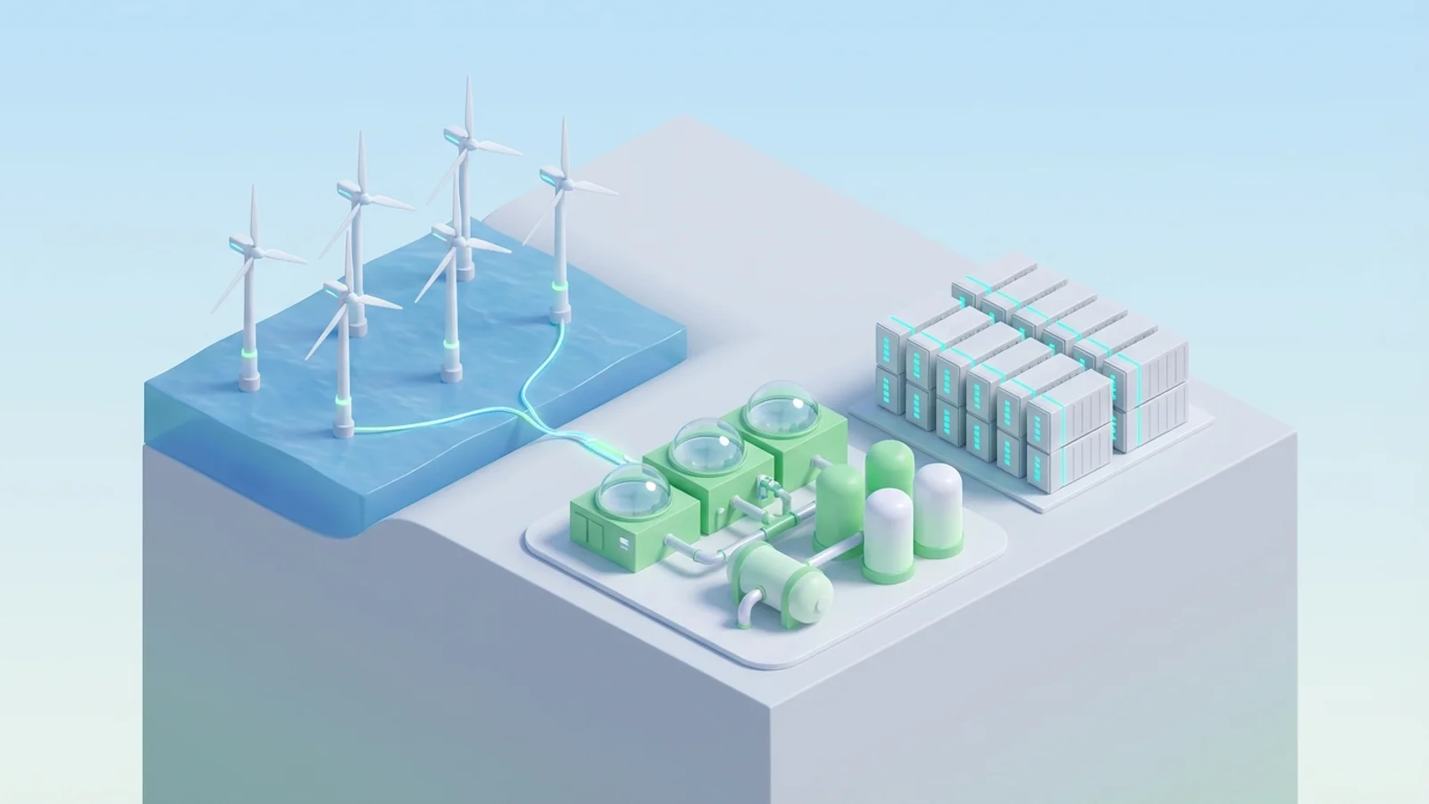 Isometric 3D illustration of An offshore wind farm with large turbines powers a nearby island featuring a modular green hydrogen production facility and a massive grid-scale battery storage installation, all under a clear blue sky.
