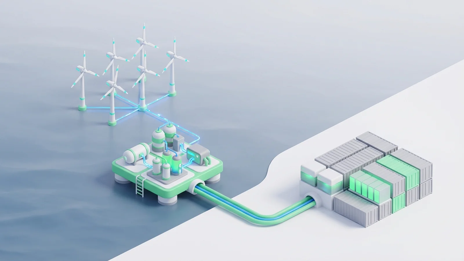 Isometric 3D illustration of An expansive offshore wind farm with turbines visible on the horizon, feeding power to a nearby green hydrogen production platform, which is connected to a large grid-scale battery energy storage system on the coast.