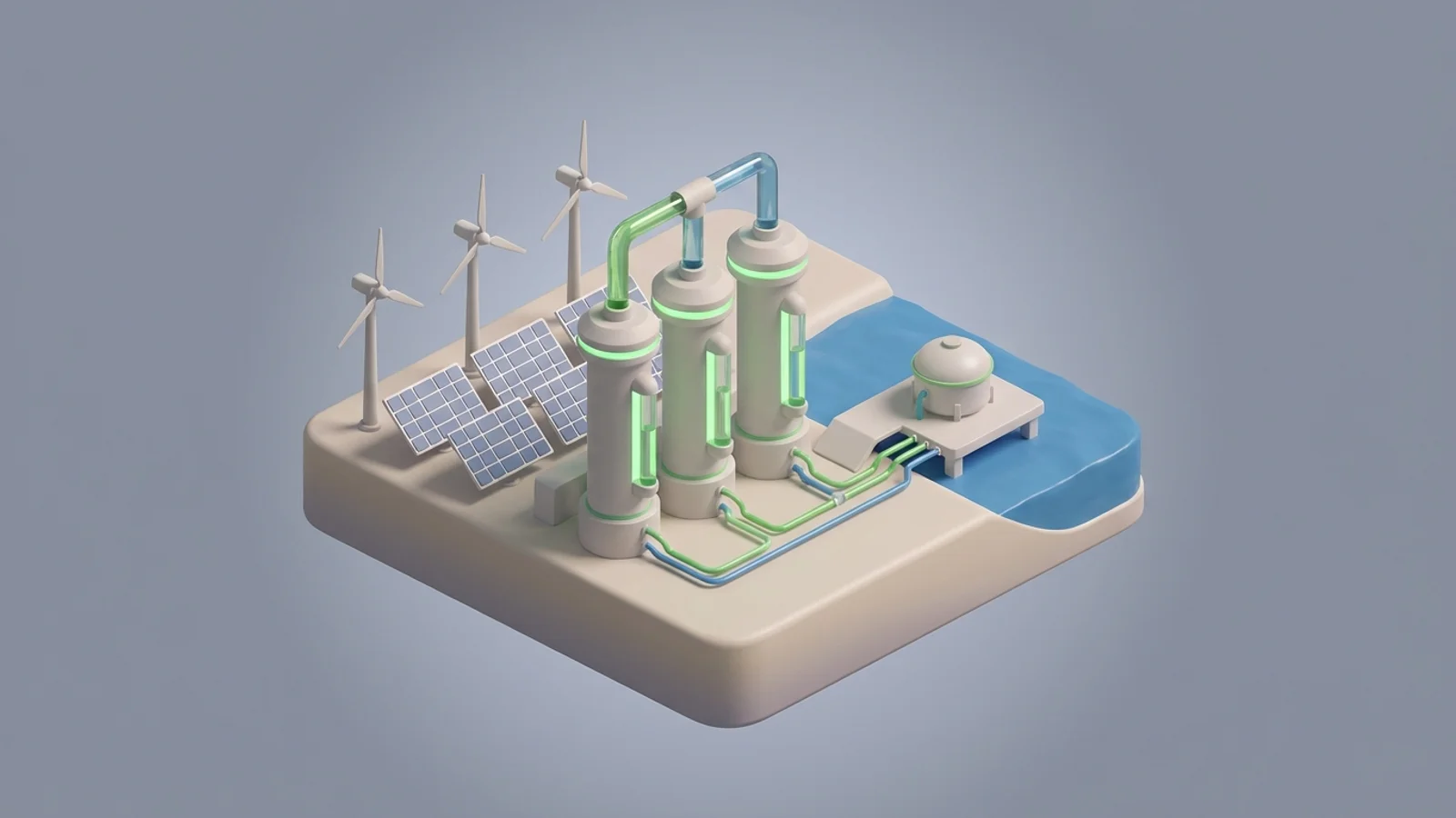 Isometric 3D illustration of A futuristic green hydrogen electrolysis plant, with towering electrolyzer modules and vast renewable energy inputs, against a coastal backdrop.