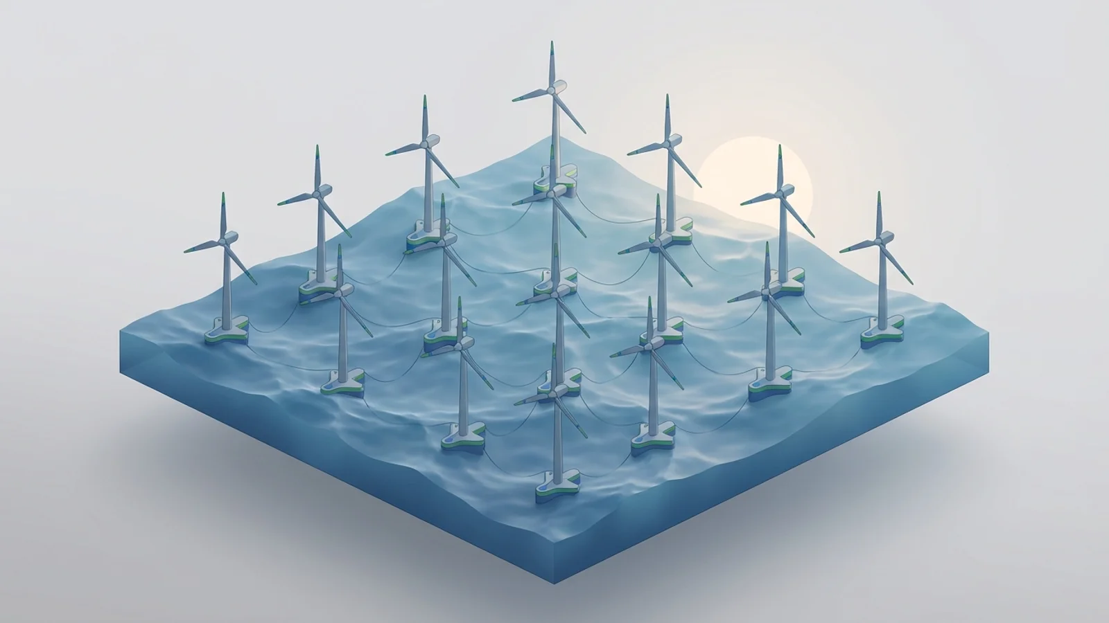 Isometric 3D illustration of A vast array of advanced floating offshore wind turbines anchored in a turbulent blue sea, illuminated by a pale morning sun.