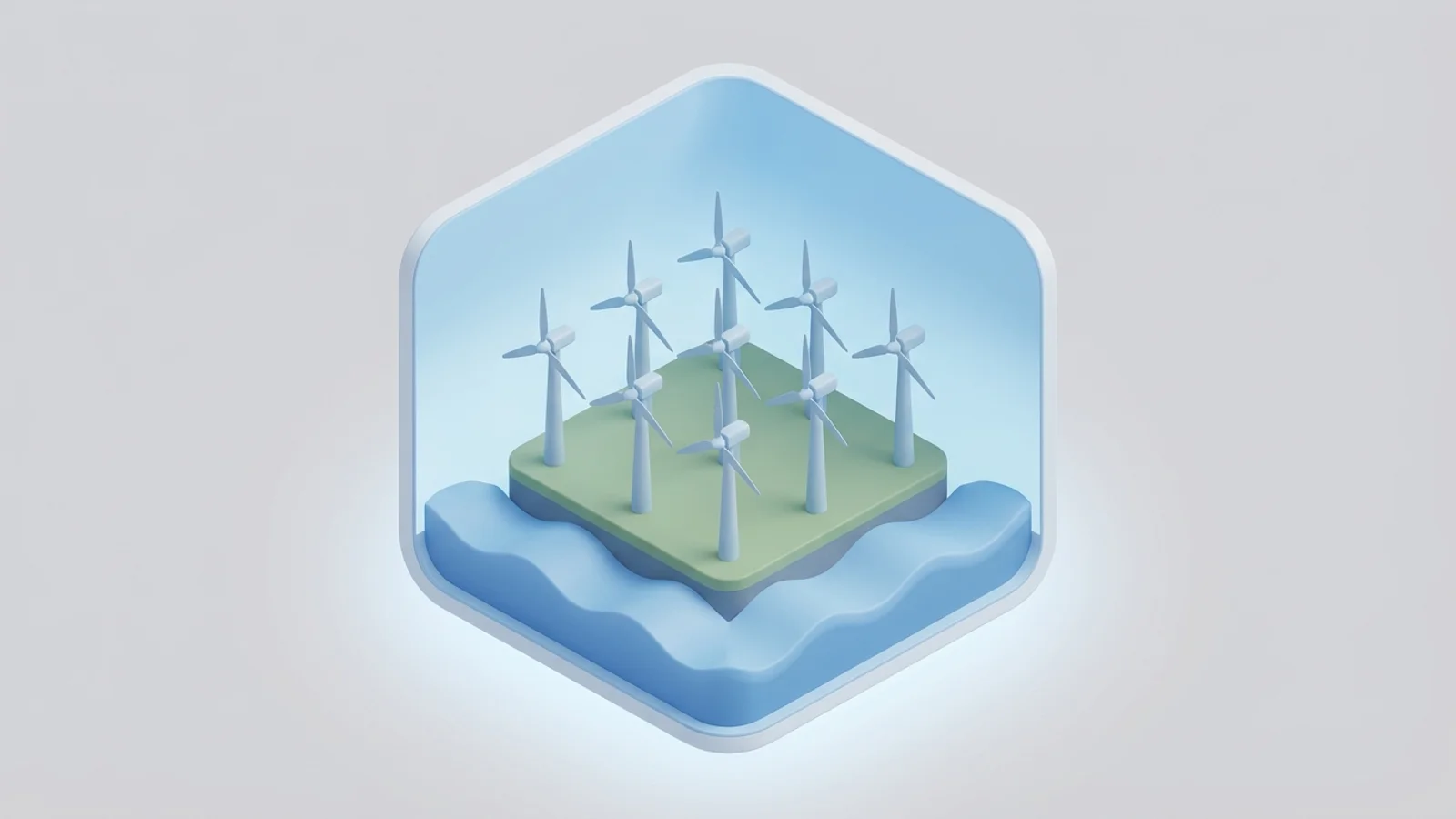 Isometric 3D illustration of A vast offshore wind farm with numerous turbines turning gracefully against a clear sky, with waves gently lapping below.