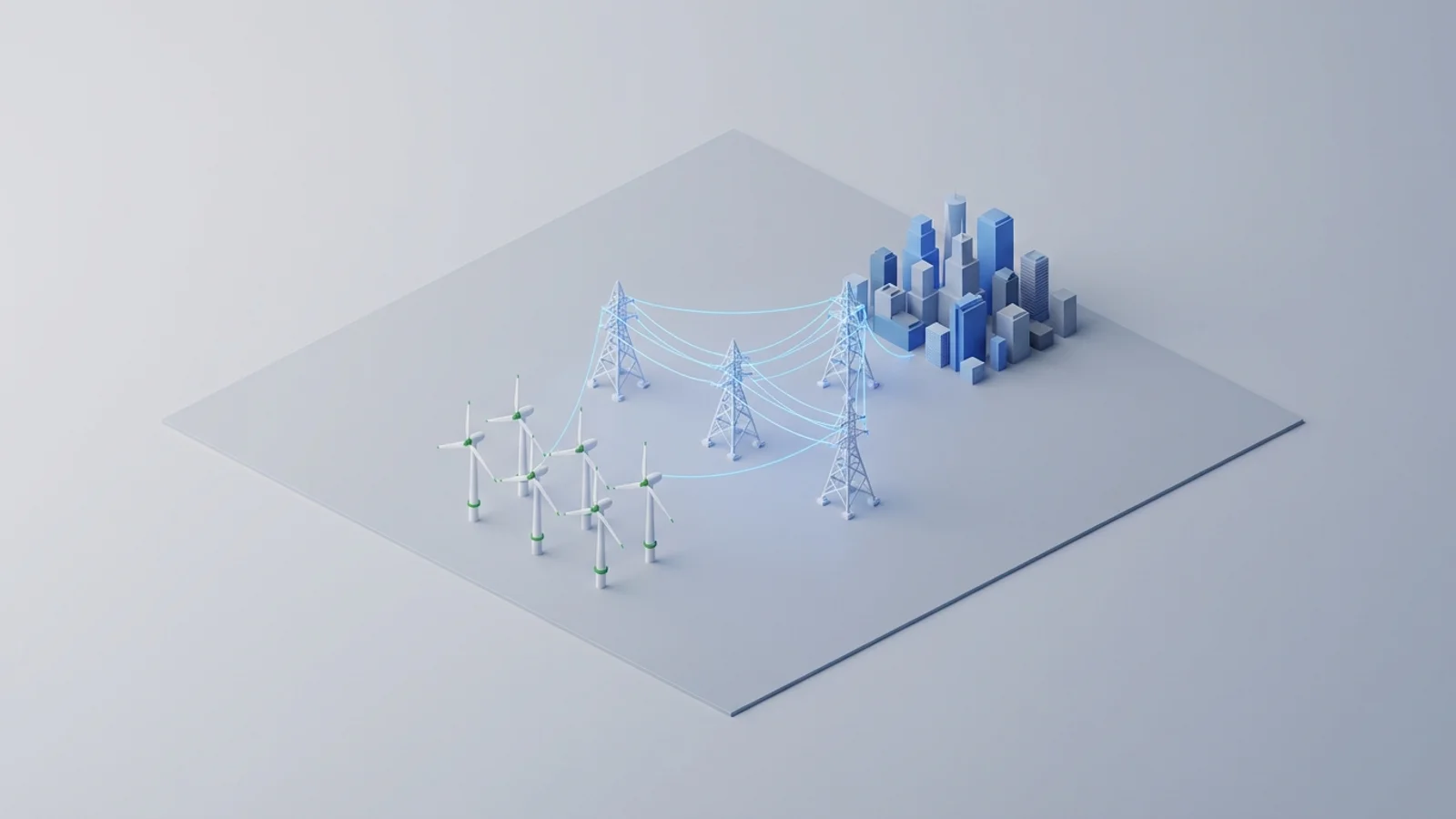 Isometric 3D illustration of A sprawling network of high-voltage transmission lines connecting offshore wind turbines to a distant city skyline under a clear sky.