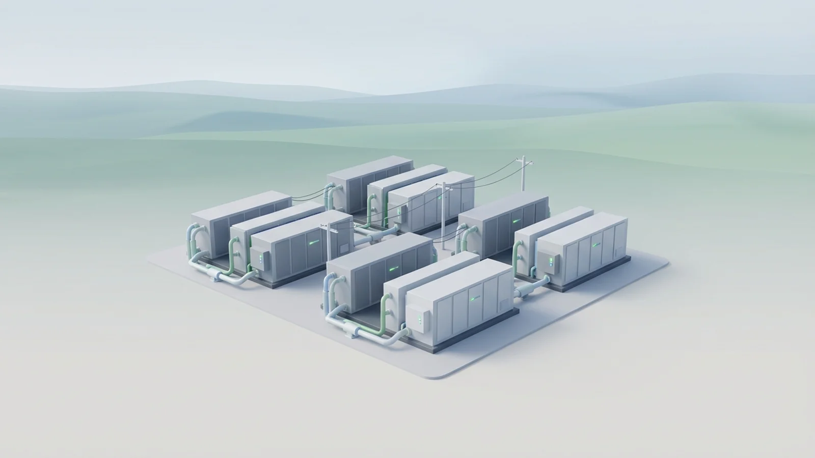 Isometric 3D illustration of An expansive complex of industrial-scale flow battery energy storage units, with intricate piping and power lines, set against a vast open landscape.