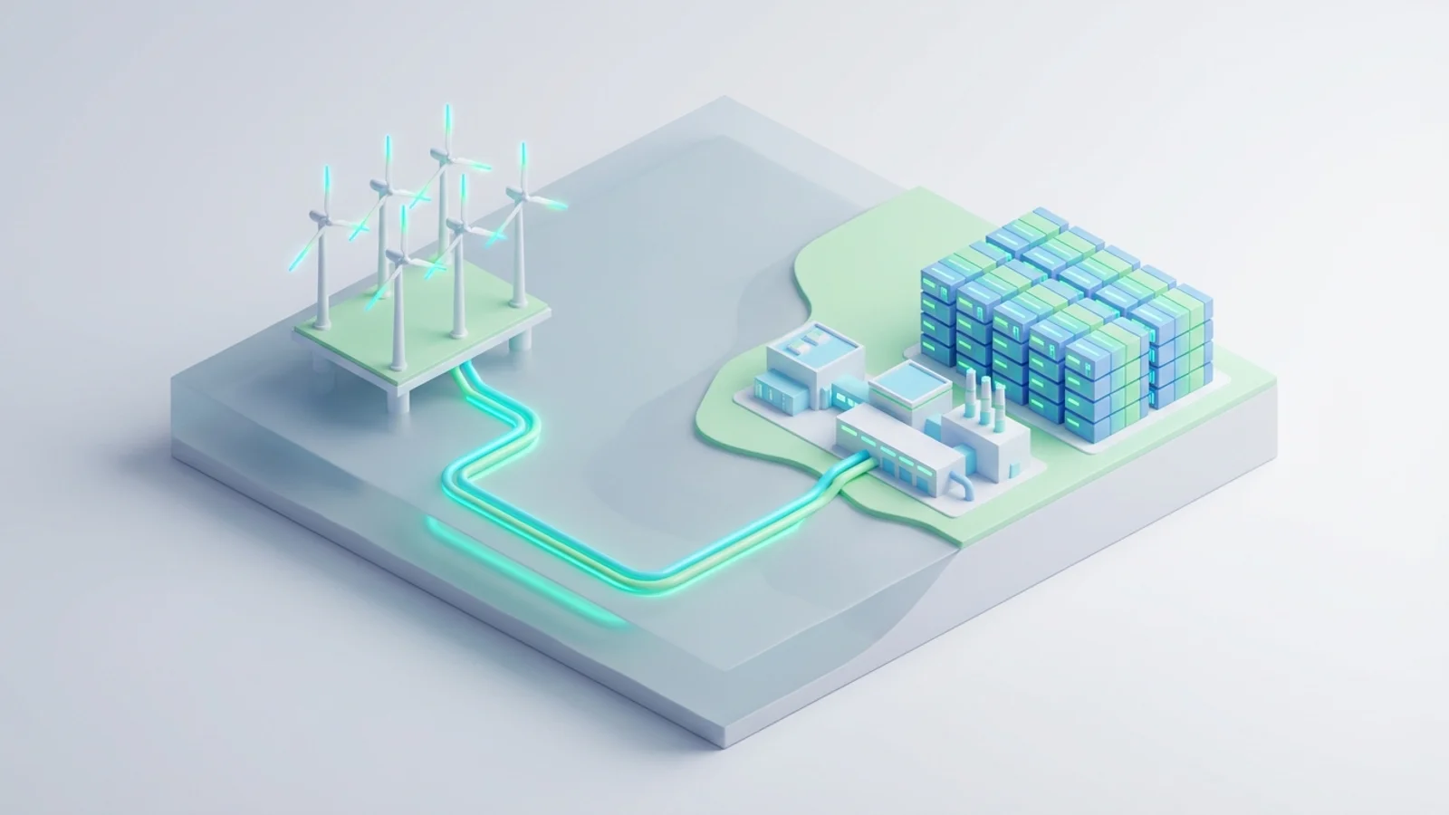Isometric 3D illustration of An isometric scene featuring a towering offshore wind farm with advanced turbines, connected by an underwater green hydrogen pipeline leading to a coastal industrial complex that includes a massive grid-scale battery storage facility.