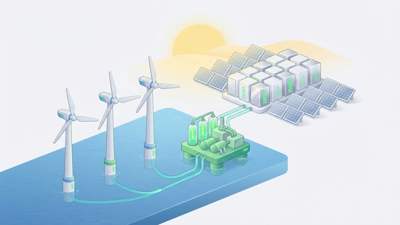 Isometric 3D illustration of An isometric scene depicting a sprawling offshore wind farm with several towering turbines in the foreground, connected by undersea cables to a floating green hydrogen production platform, while in the distance, a large grid-scale battery storage facility gleams under a desert sun, integrated with rows of solar panels.