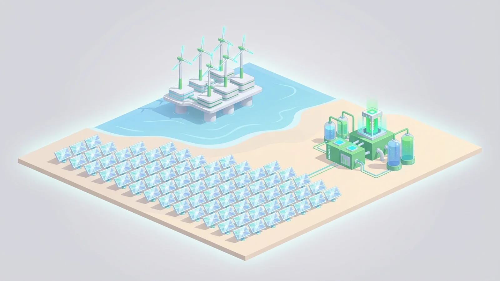Isometric 3D illustration of An isometric scene featuring a vast desert solar park with rows of crystalline panels, an offshore energy island topped with multiple wind turbines in the distance, and a clean-lined green hydrogen production facility on the coast.