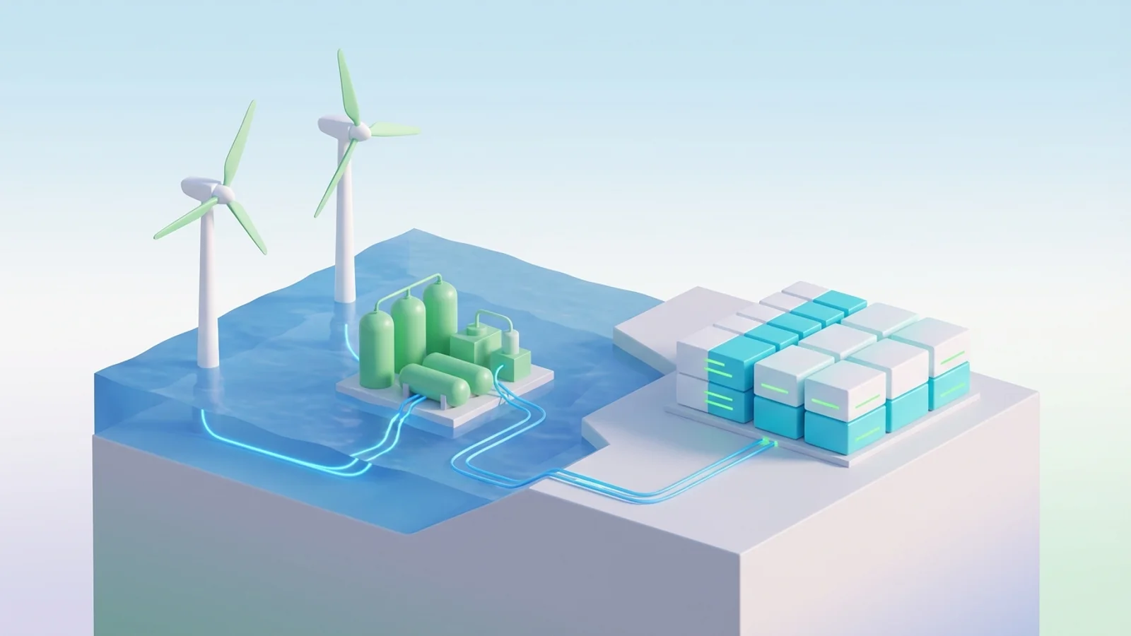 Isometric 3D illustration of An offshore wind farm with a floating green hydrogen production platform, connected by subsea cables to a large grid-scale battery storage facility on the coastline, all under a clear sky.