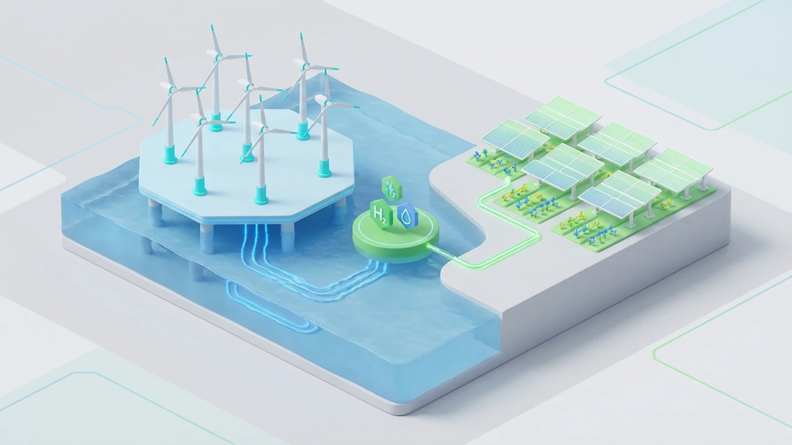 Isometric 3D illustration of An isometric scene depicting an expansive offshore wind farm with several large turbines, connected by undersea cables to a floating green hydrogen production platform. Nearby, a section of advanced agrivoltaic solar panels covers lush fields, hinting at integrated renewable solutions.