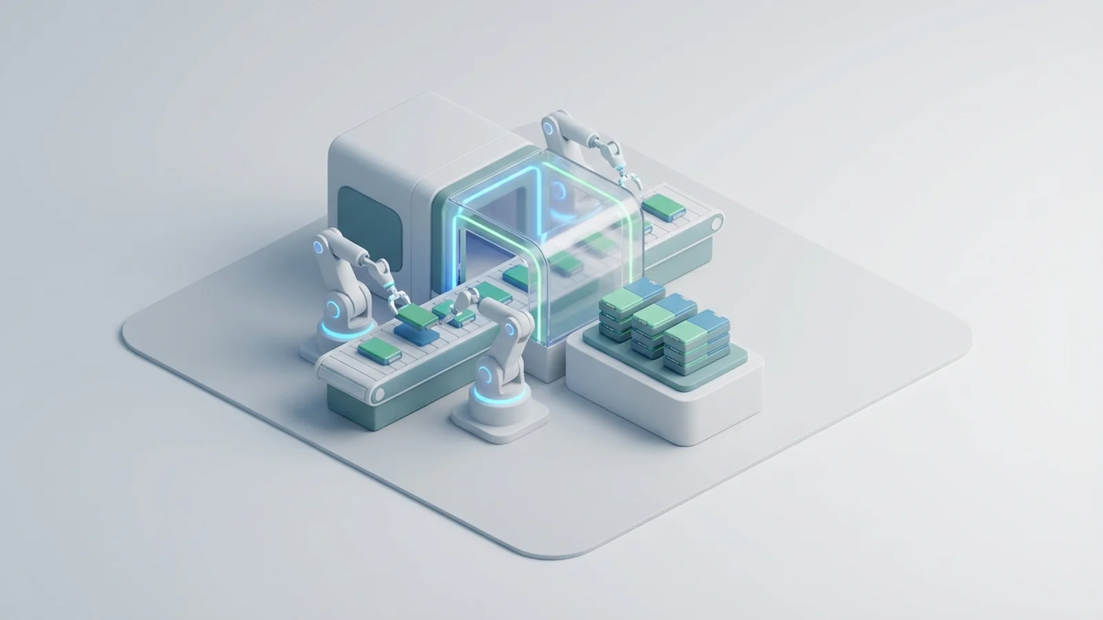 Isometric 3D illustration of A highly automated, sterile manufacturing line producing next-generation solid-state battery cells.