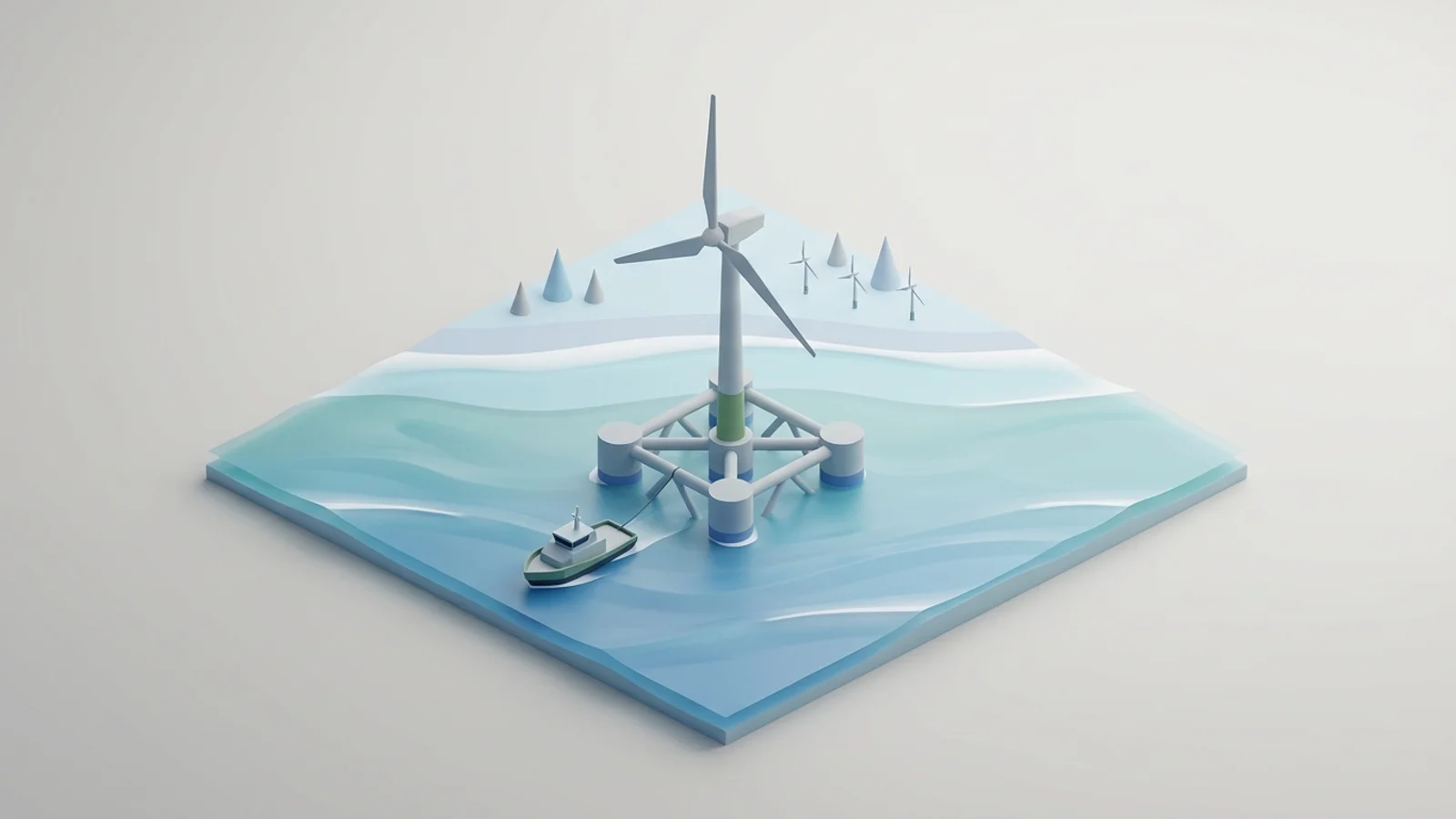 Isometric 3D illustration of A futuristic semi-submersible offshore wind turbine foundation being towed through calm seas, with distant wind farms on the horizon.