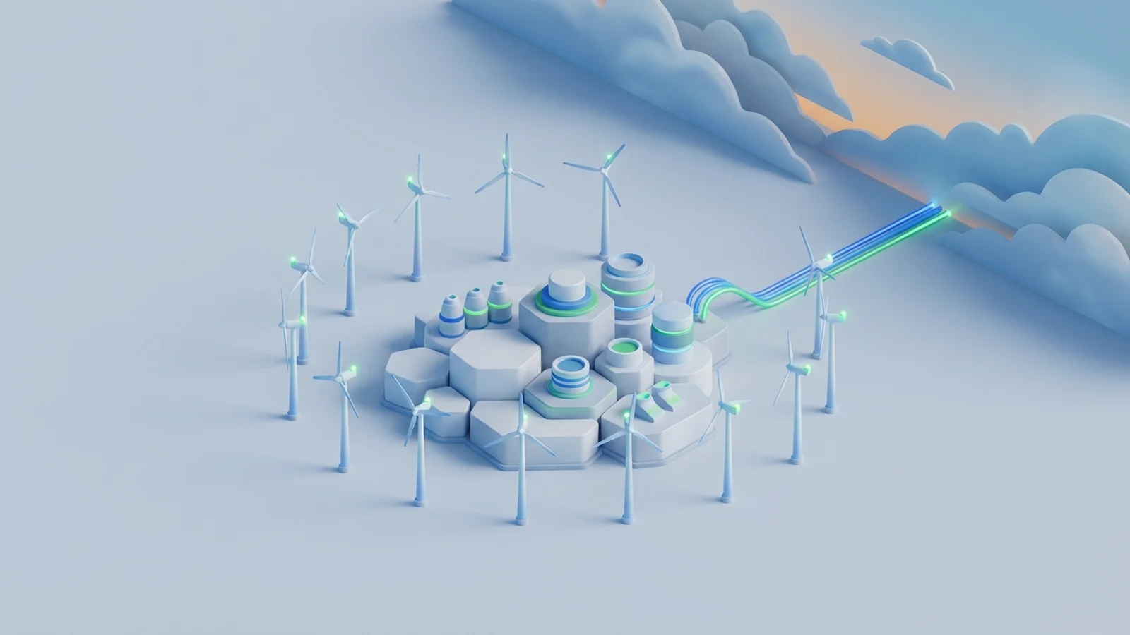Isometric 3D illustration of A vast, futuristic artificial island in the North Sea, surrounded by a dense array of towering offshore wind turbines, with transmission lines stretching towards the horizon under a dramatic sky.