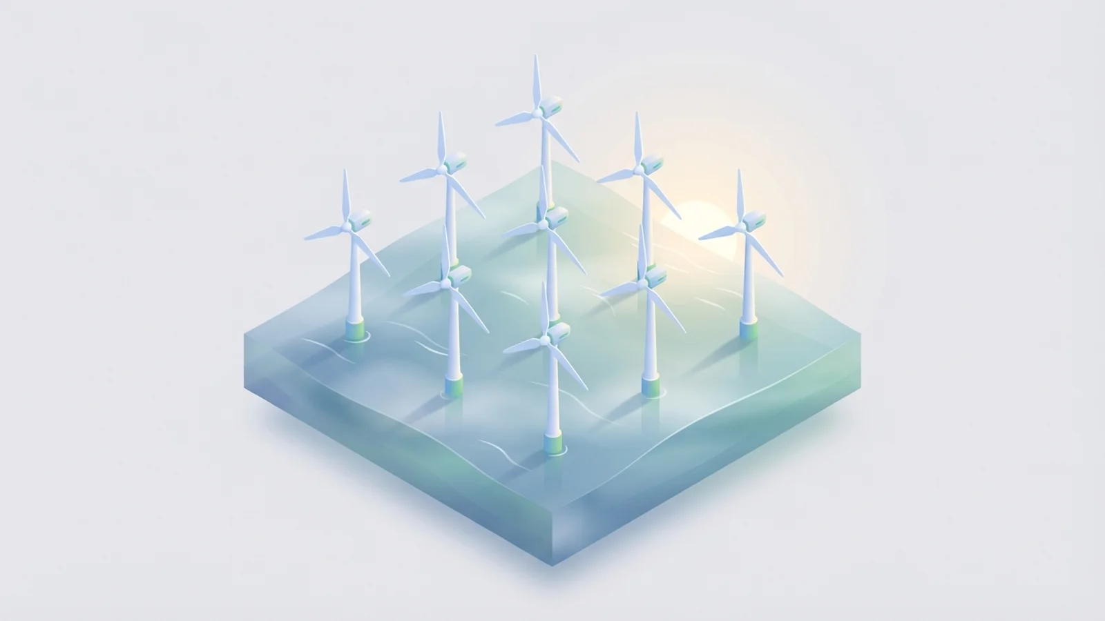 Isometric 3D illustration of A vast offshore wind farm with colossal turbines emerging from a misty ocean at sunrise.