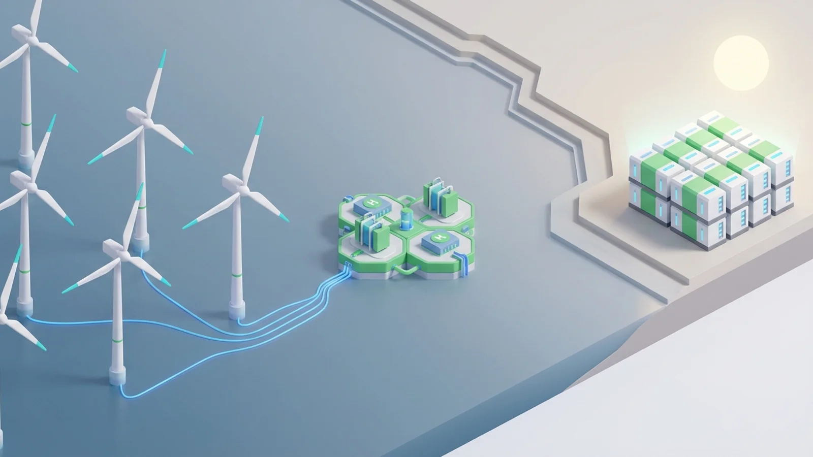Isometric 3D illustration of An expansive offshore wind farm with several large turbines rotating slowly, connected by underwater cables to a modular green hydrogen production platform floating nearby, while on the coastline, a large grid-scale battery storage facility gleams under the morning sun.
